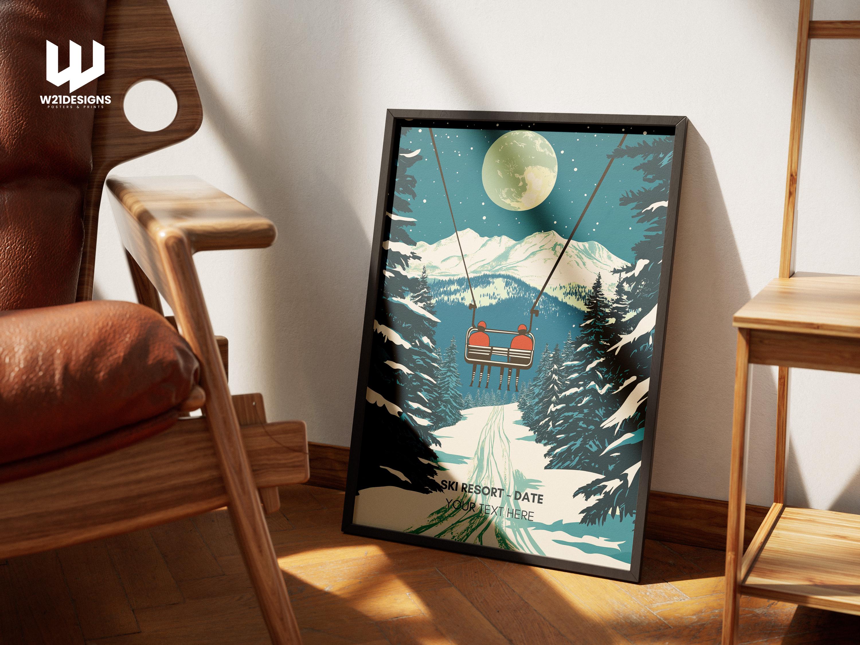 Custom Ski Chairlift Poster: Winter Sports Couple Art