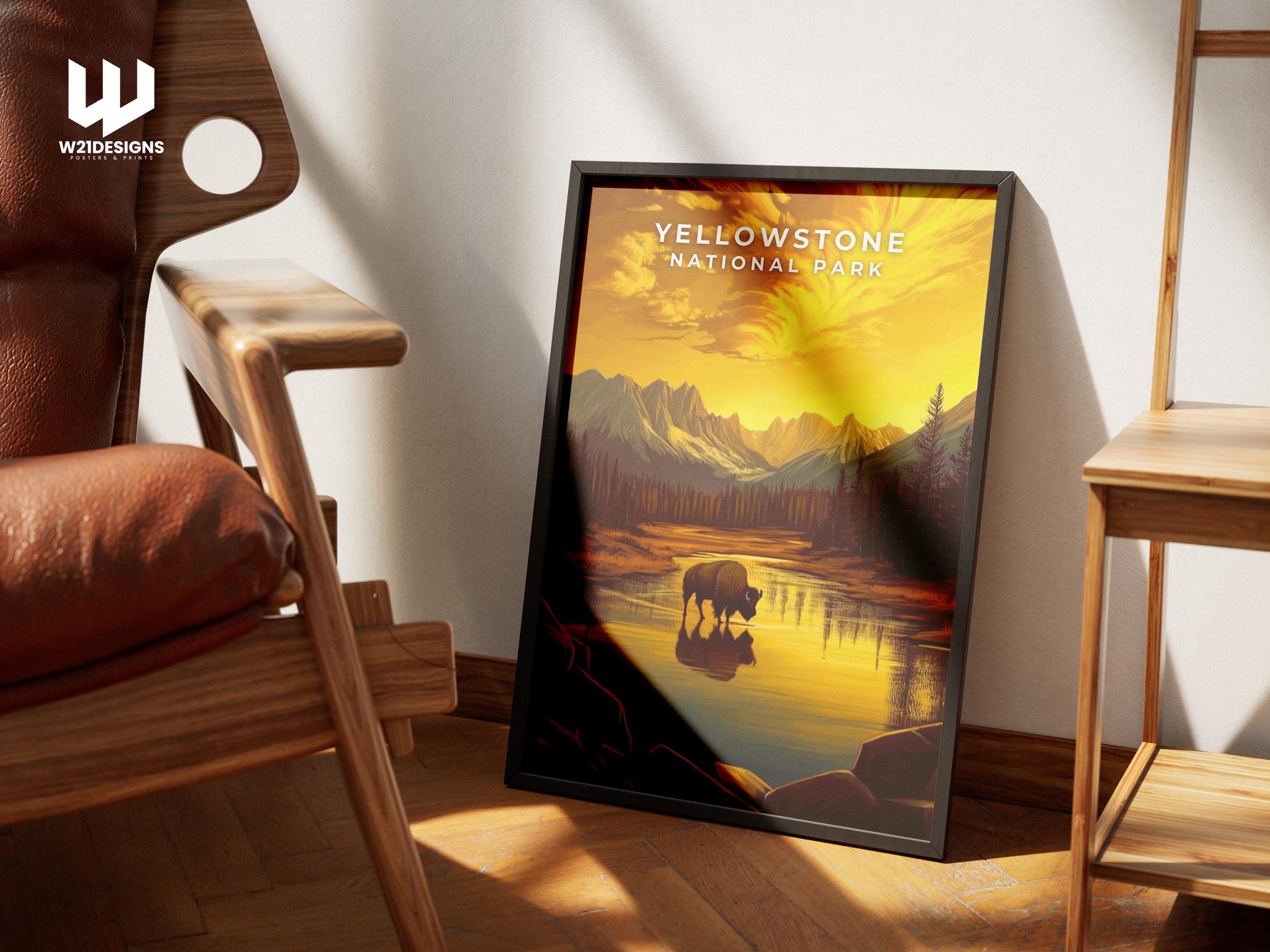 Yellowstone National Park Poster: Vintage Bison Landscape Art Print