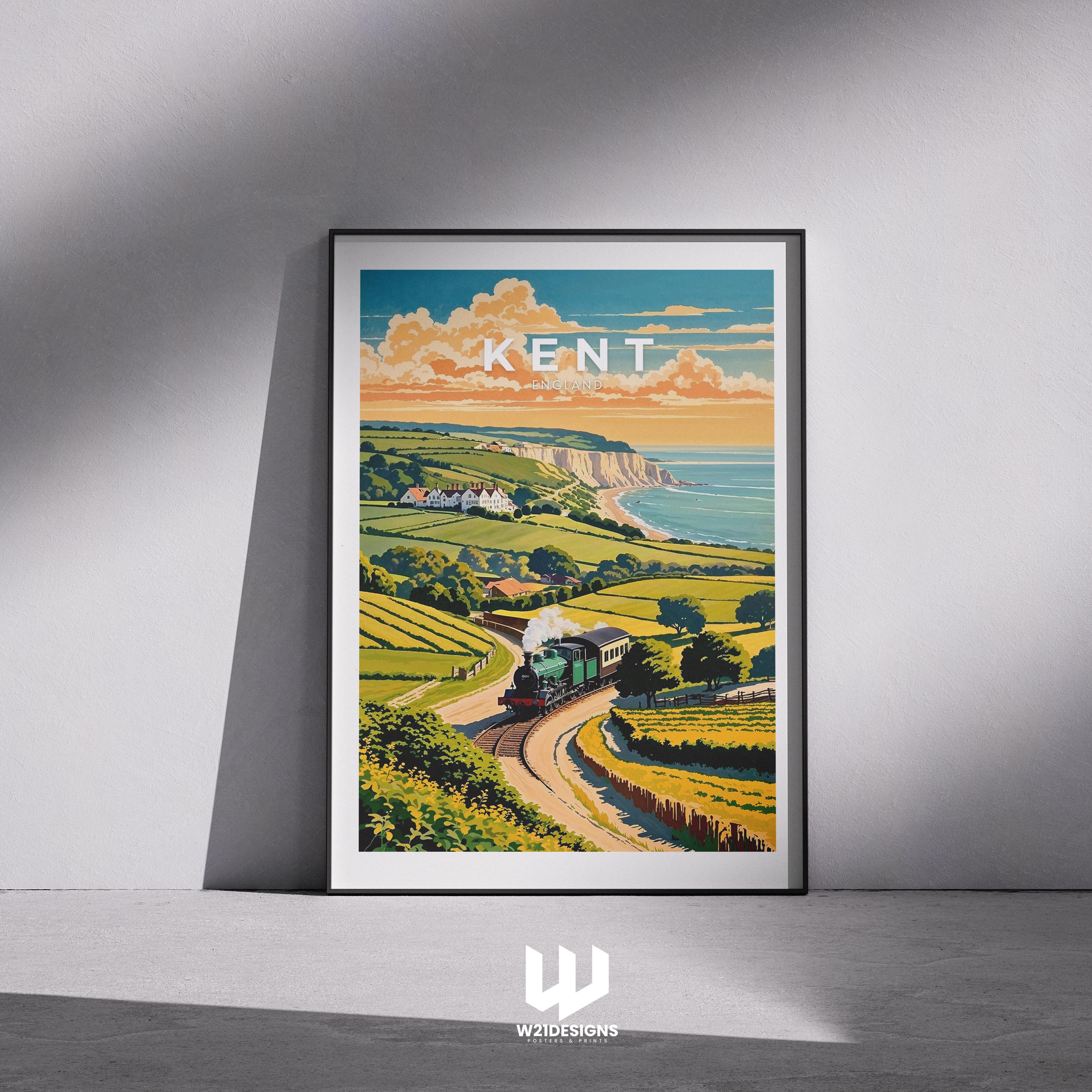 Vintage Kent Travel Poster: White Cliffs & Steam Train Art