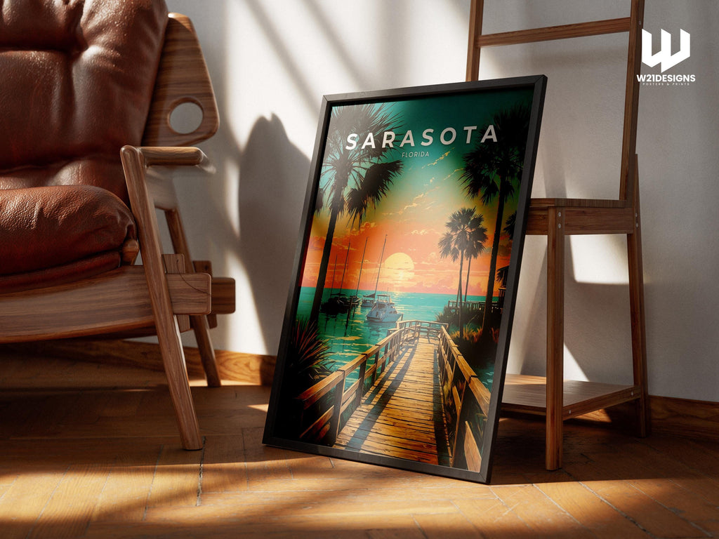 Sarasota Sunset Travel Poster: Florida Beach House Decor