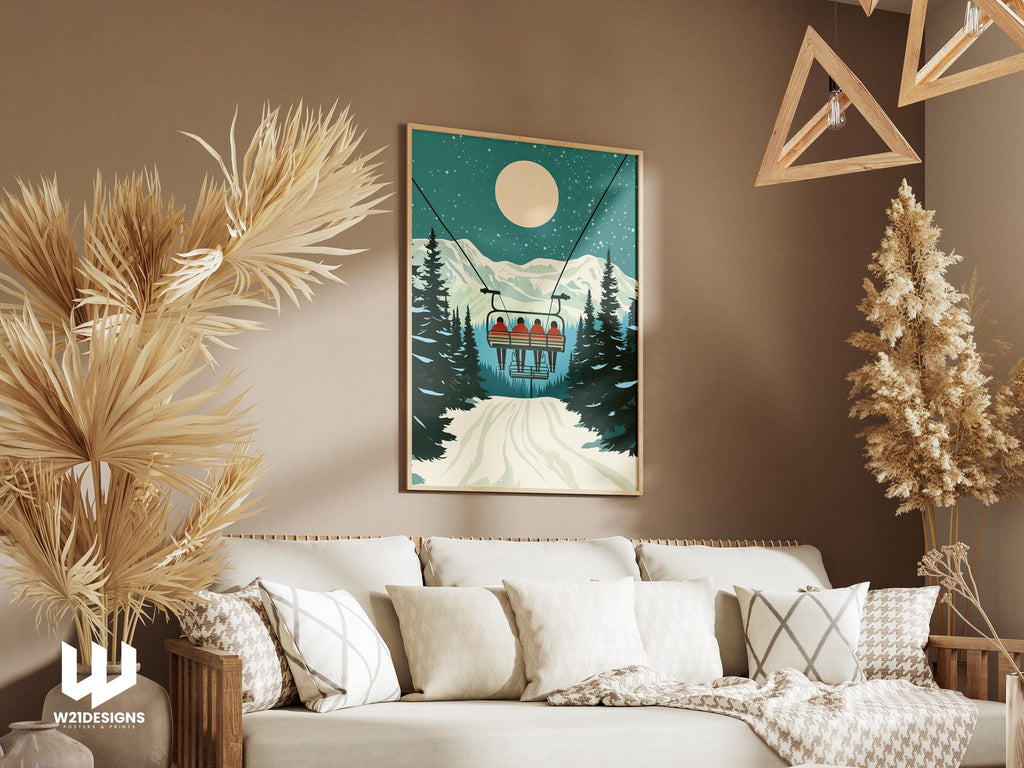 Vintage Ski Chairlift Poster: Snowy Mountain Cabin Wall Art