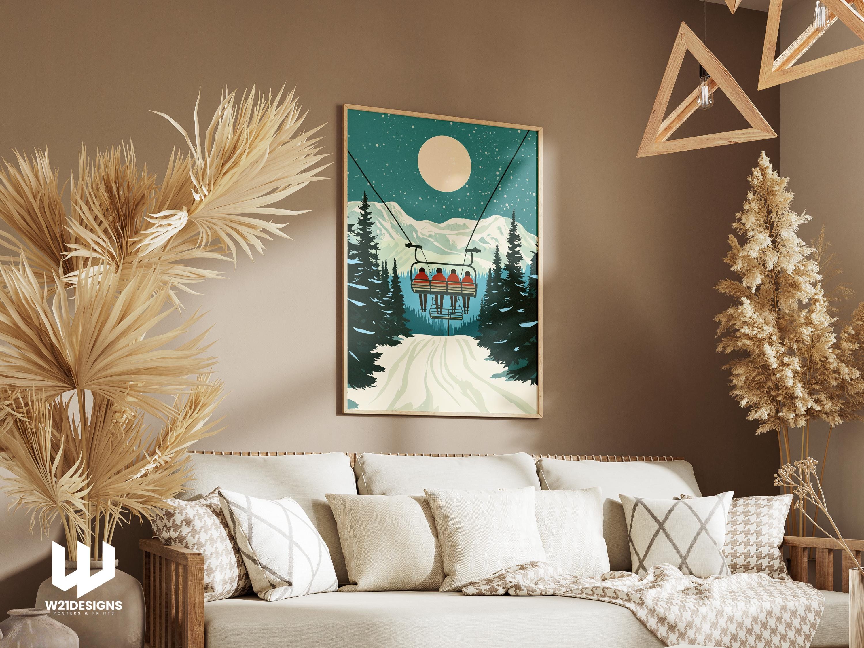 Vintage Ski Chairlift Poster: Snowy Mountain Cabin Wall Art
