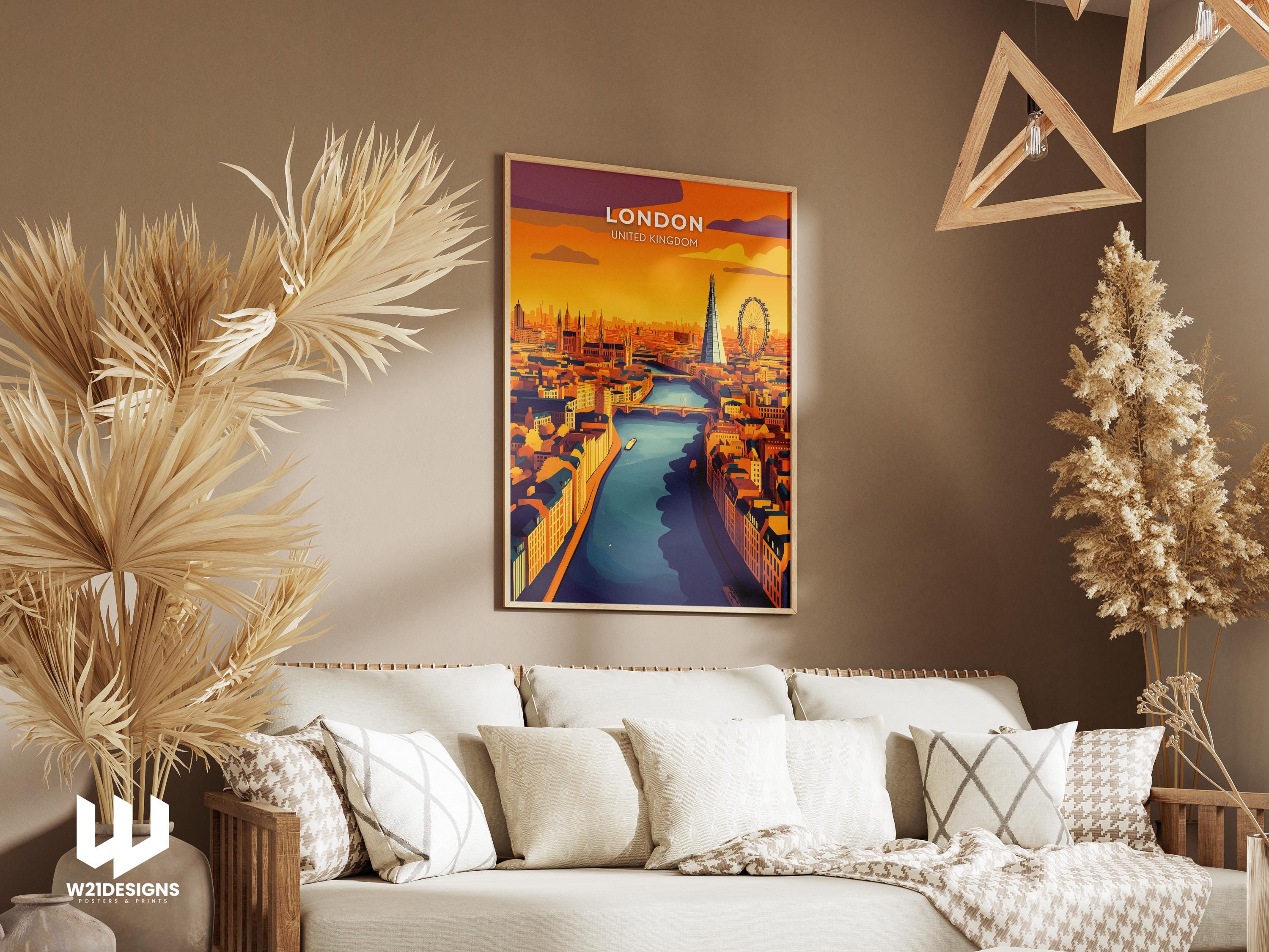 London Travel Poster: Aerial Cityscape Art Print, River Thames & UK Landmarks
