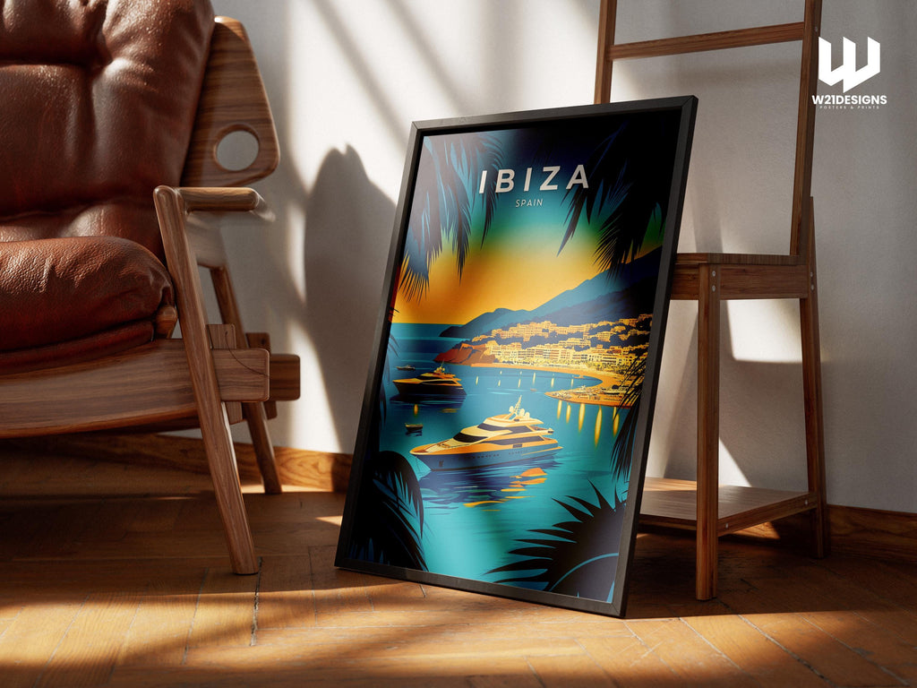 Ibiza Sunset Travel Print: Mediterranean Yacht Scene, Spain Wall Art