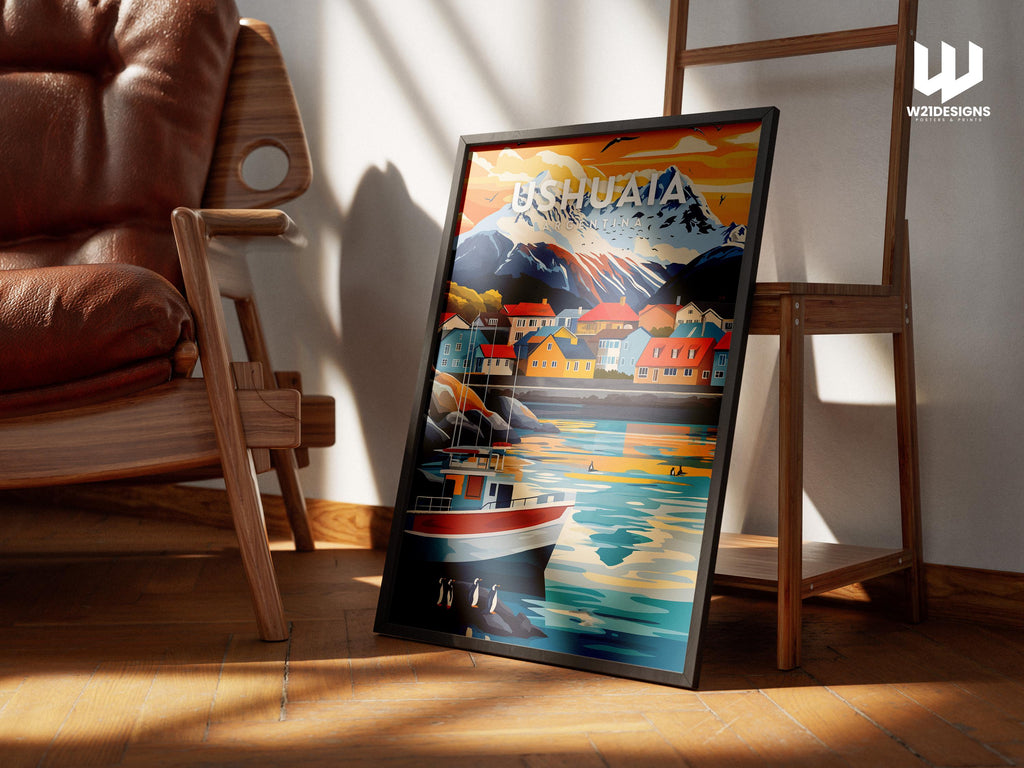 Ushuaia Argentina Travel Poster: Patagonia Penguin Art Print
