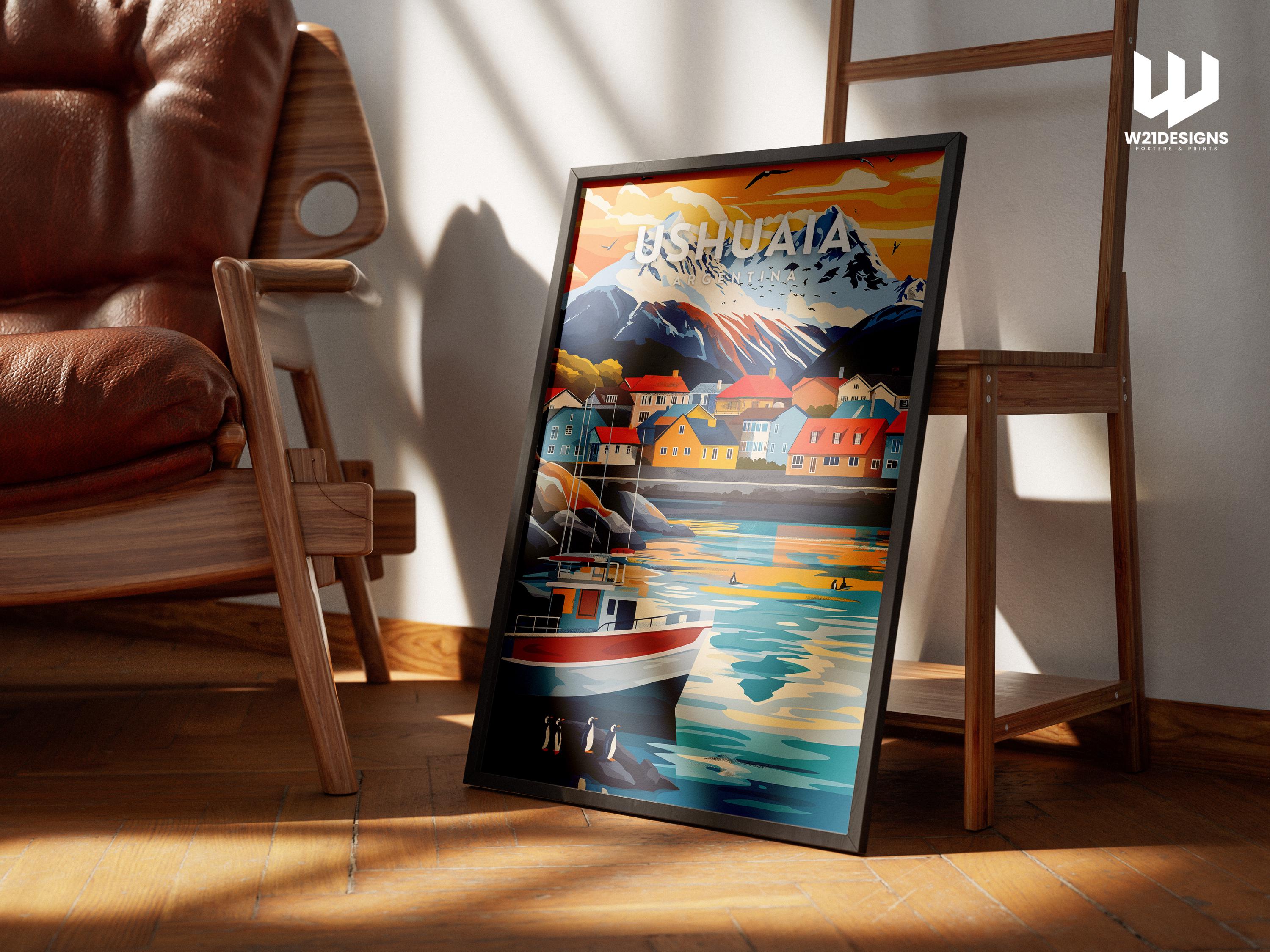 Ushuaia Argentina Travel Poster: Patagonia Penguin Art Print