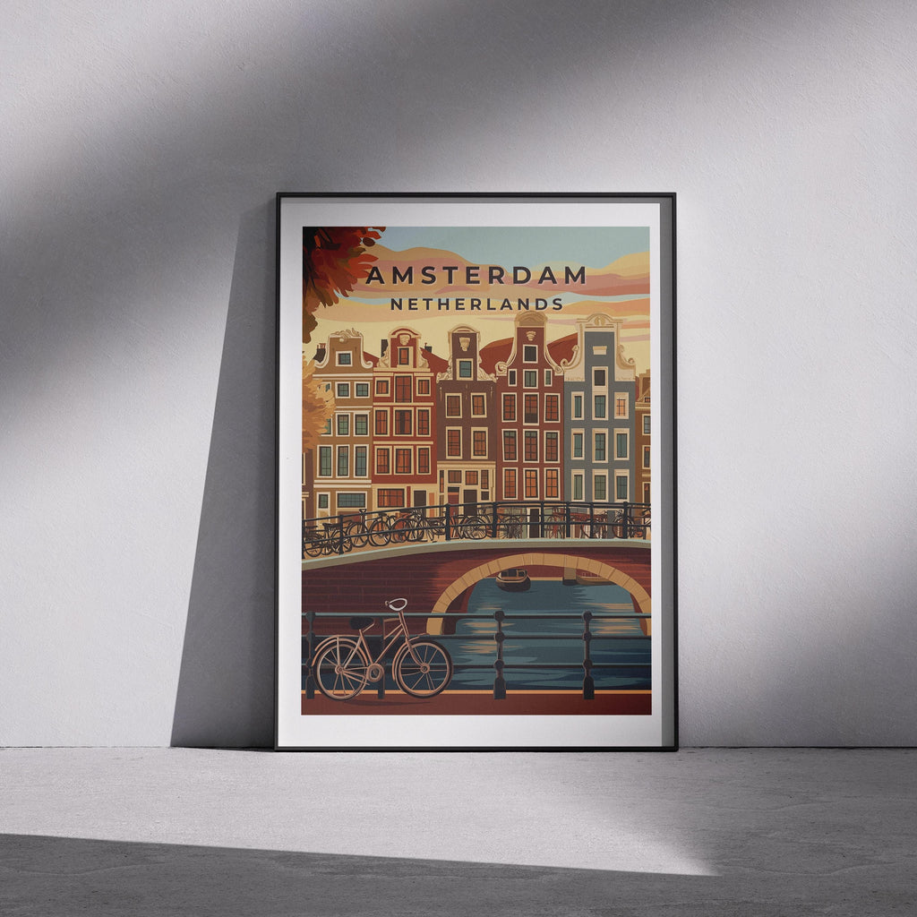 Amsterdam Vintage Travel Poster: Dutch Canal & Bicycle Art
