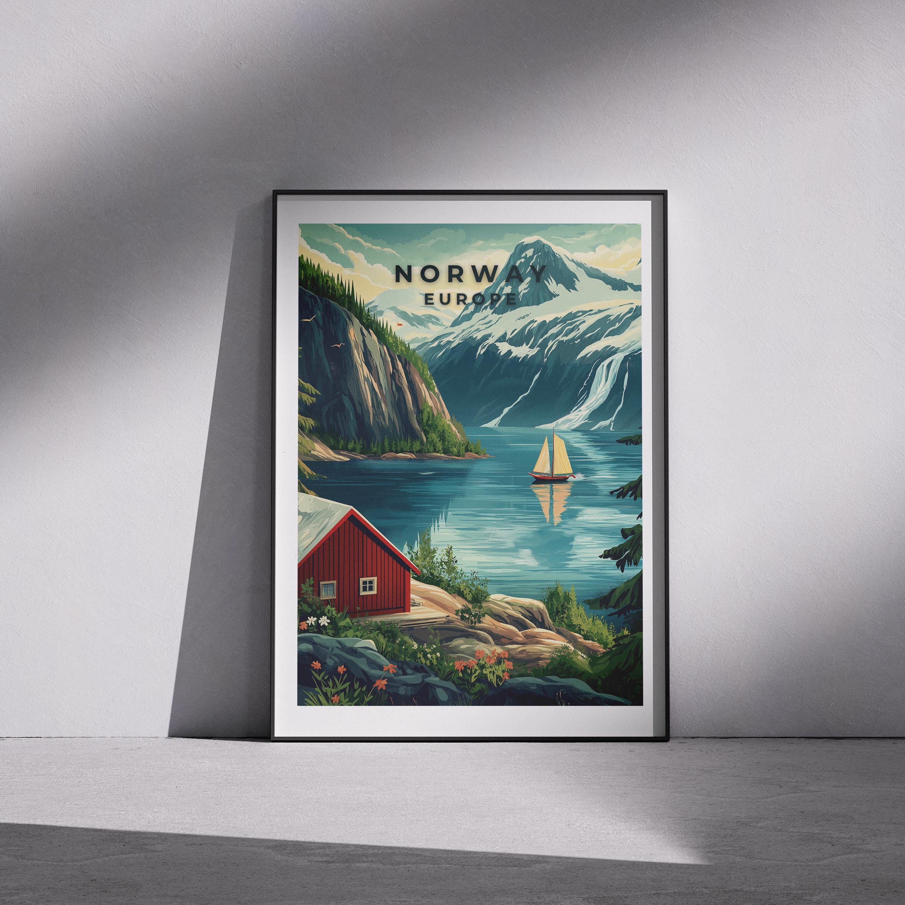 Vintage Norway Travel Poster: Scandinavian Fjord Landscape