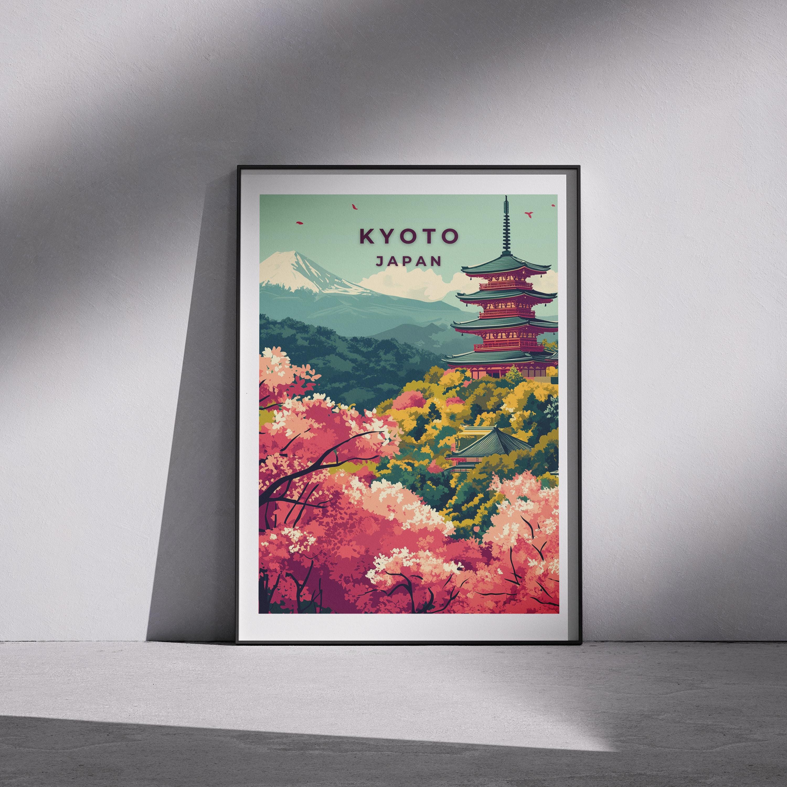 Kyoto Cherry Blossom Travel Poster: Vintage Japanese Pagoda Art