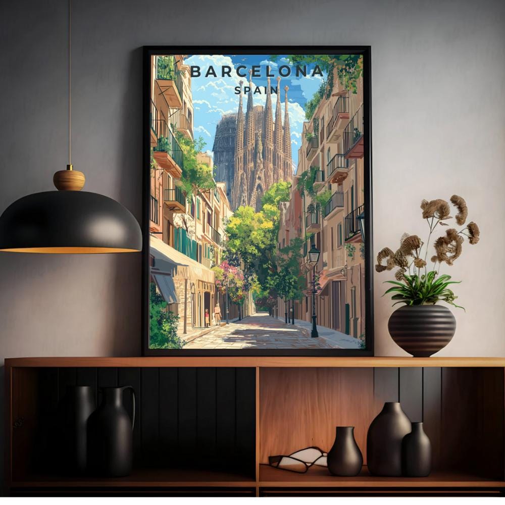 Barcelona Travel Poster: Vintage Sagrada Família Print
