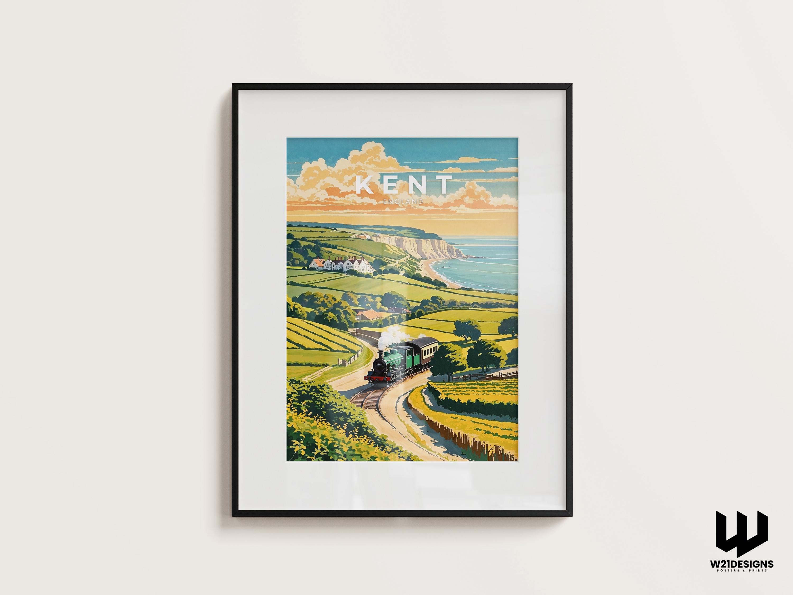 Vintage Kent Travel Poster: White Cliffs & Steam Train Art
