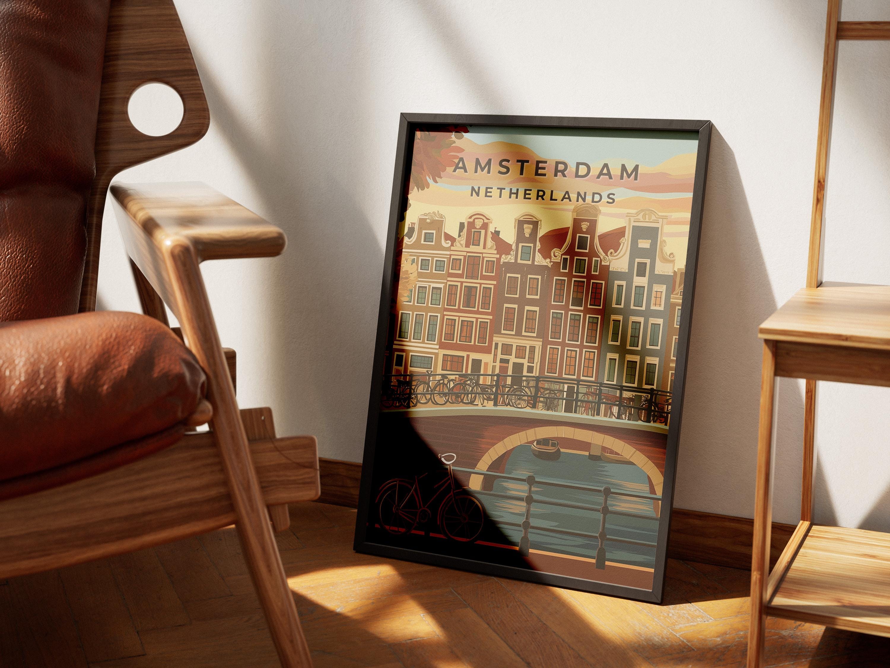 Amsterdam Vintage Travel Poster: Dutch Canal & Bicycle Art