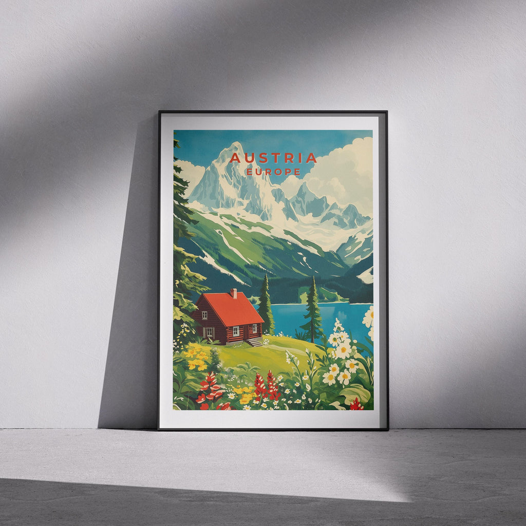 Vintage Austria Travel Poster: Austrian Alps, Lake Cabin Art