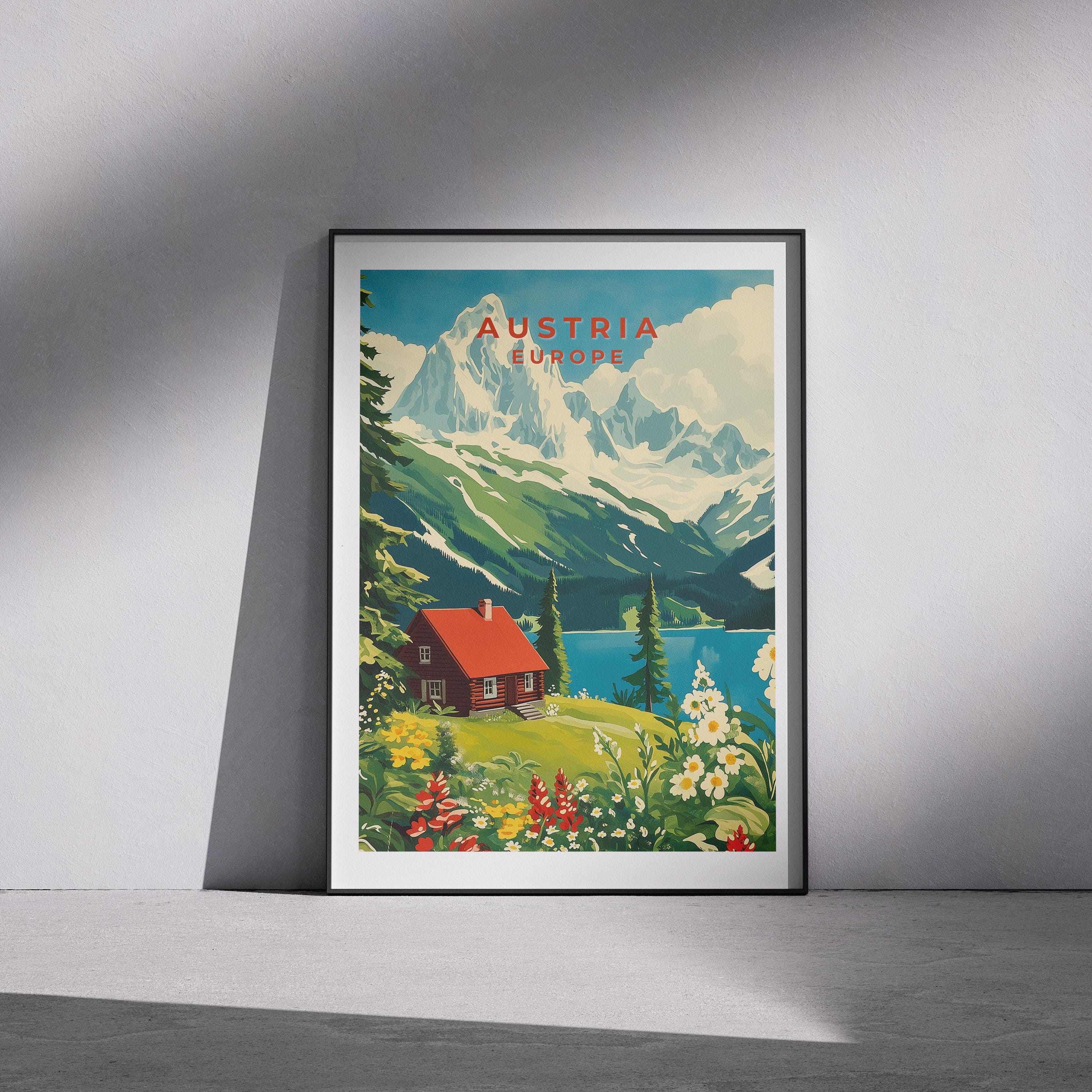 Vintage Austria Travel Poster: Austrian Alps, Lake Cabin Art