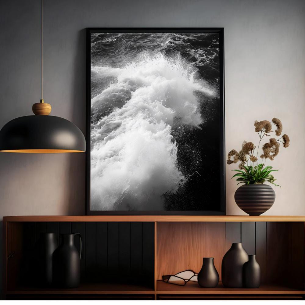 Black and White Ocean Wave Photography Print: Minimalist Coastal Art