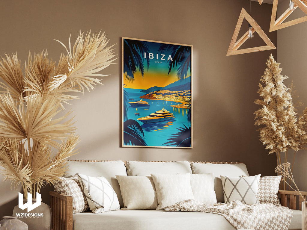 Ibiza Sunset Travel Print: Mediterranean Yacht Scene, Spain Wall Art