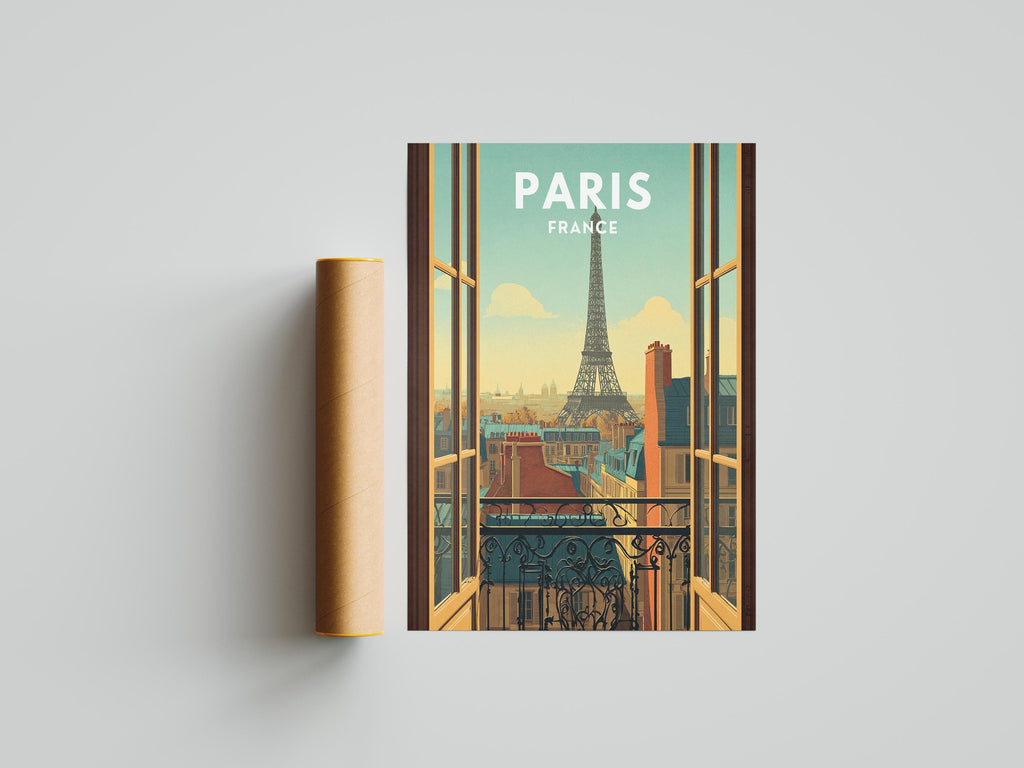 Eiffel Tower Print: Vintage Paris Balcony View Travel Poster