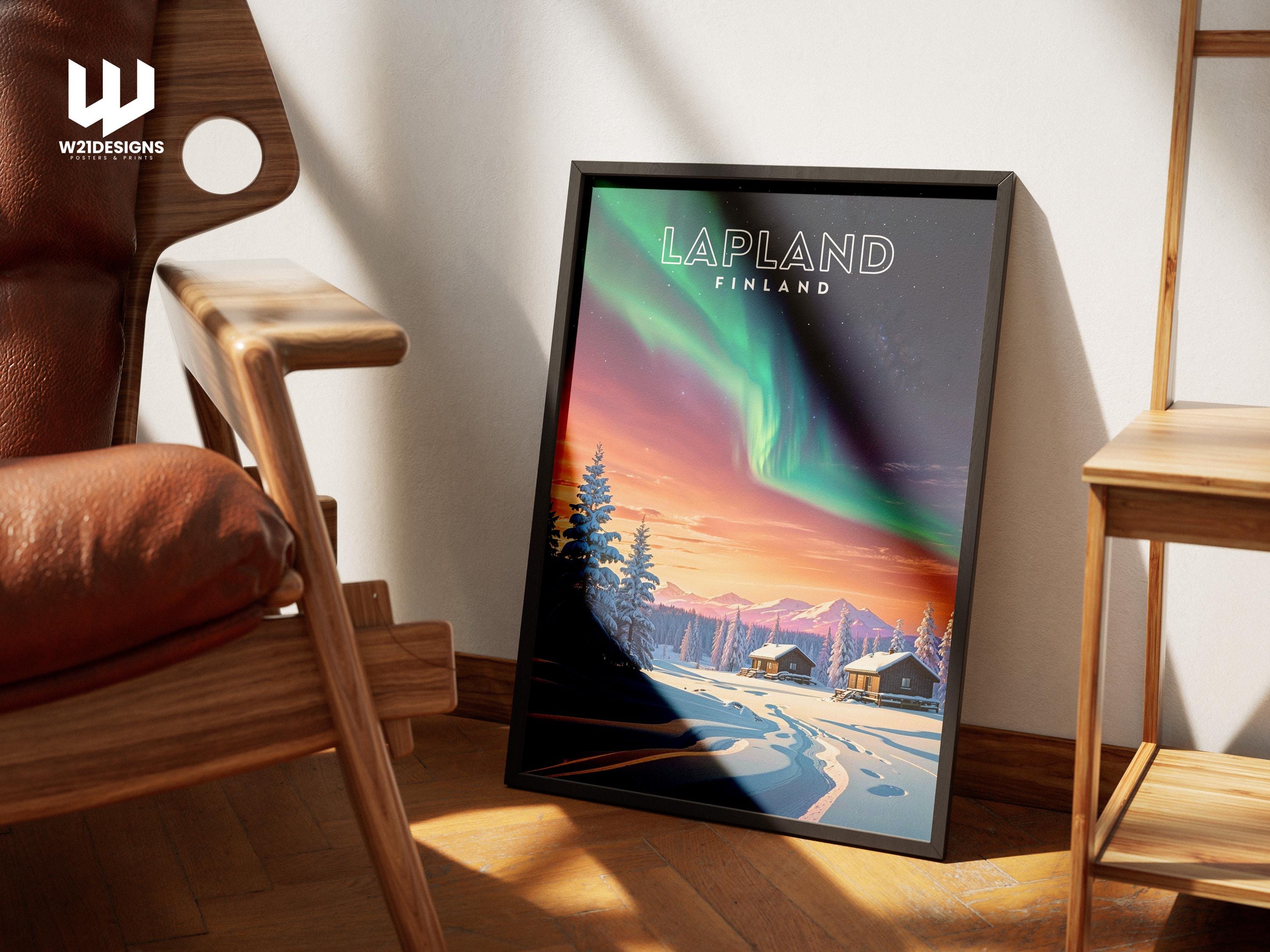 Lapland Northern Lights Poster: Finland Winter Cabin Art Print