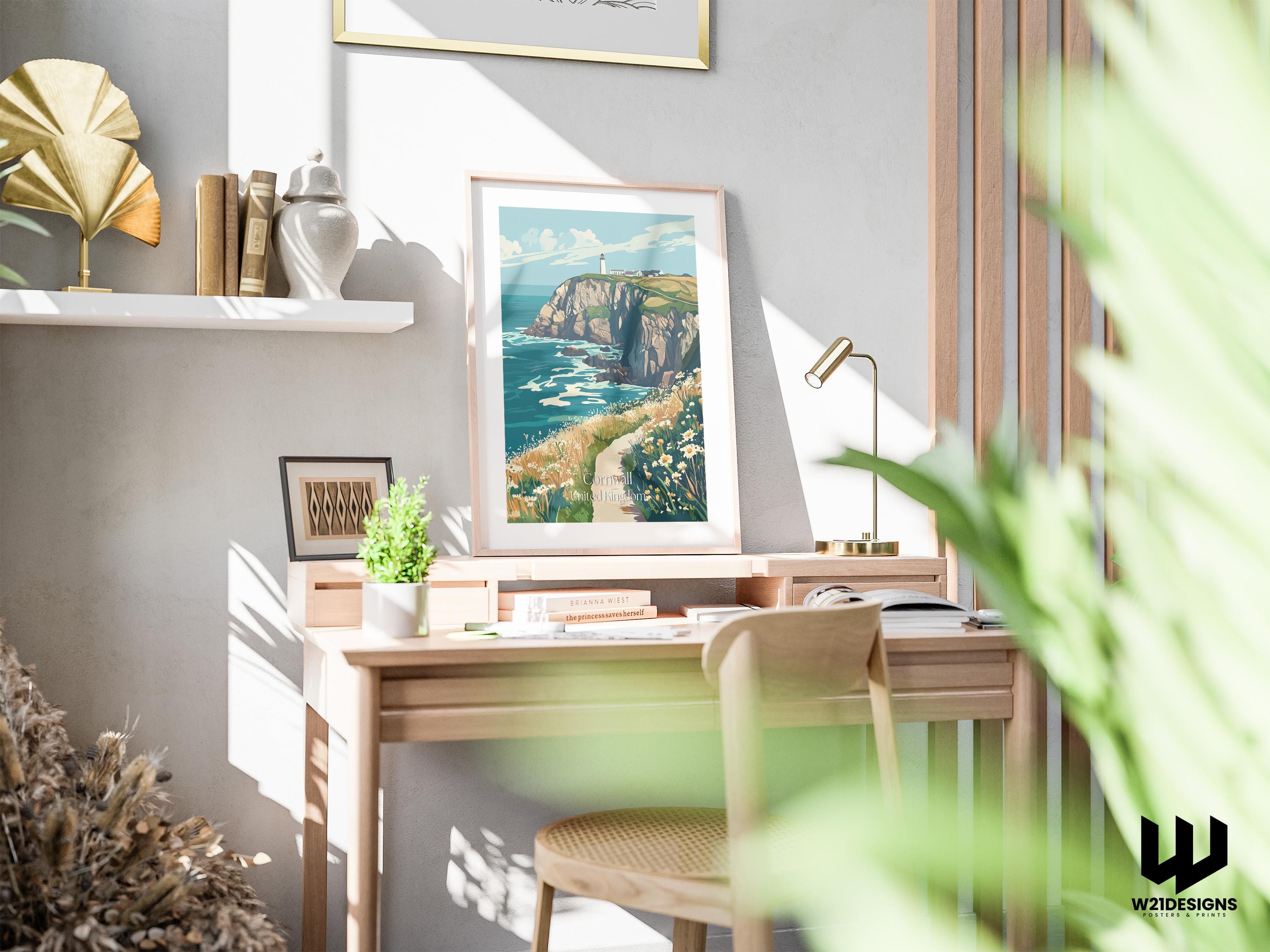 Cornwall Coastal Path Vintage Travel Poster: Scenic Cliffside Art