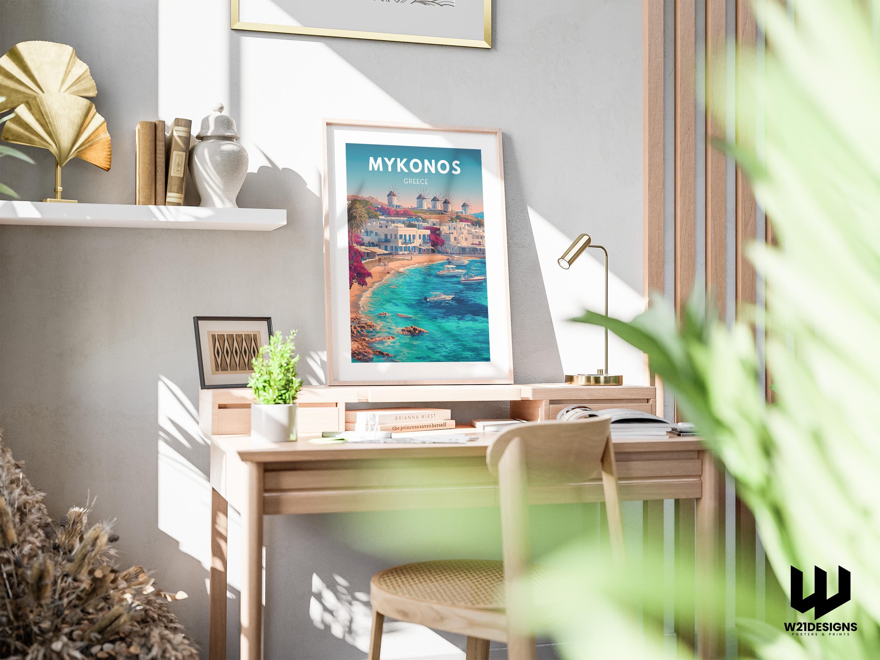 Mykonos Greece Travel Poster: Aegean Island Art Print