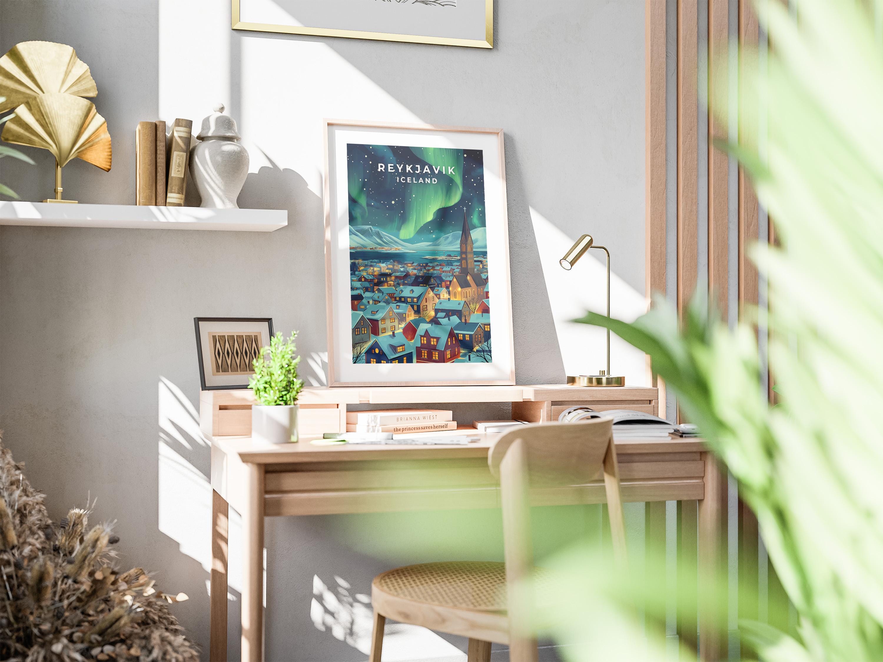 Reykjavik Northern Lights Print: Vintage Iceland Travel Poster