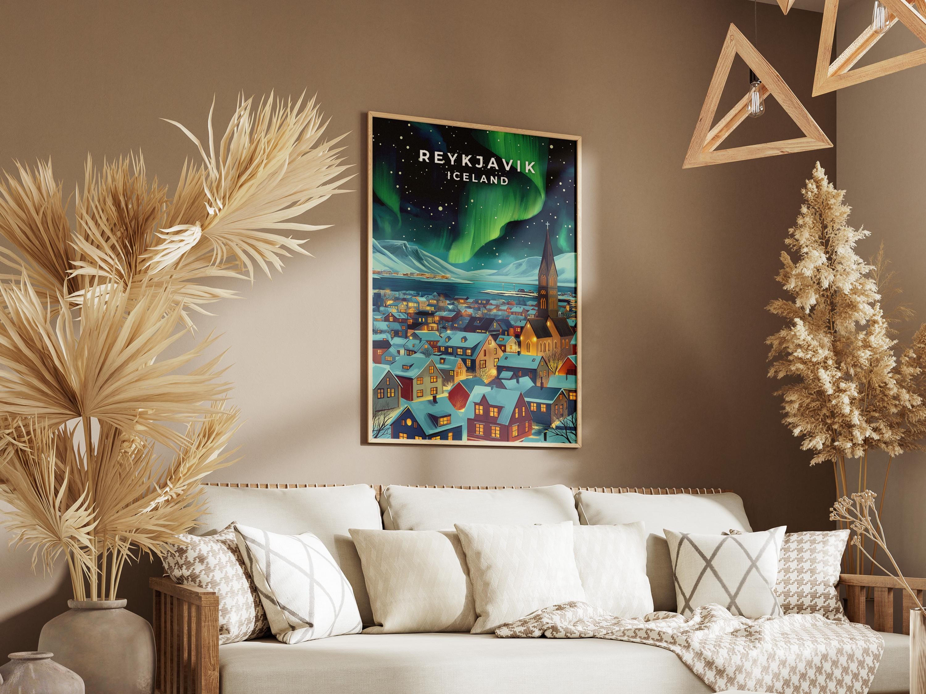 Reykjavik Northern Lights Print: Vintage Iceland Travel Poster
