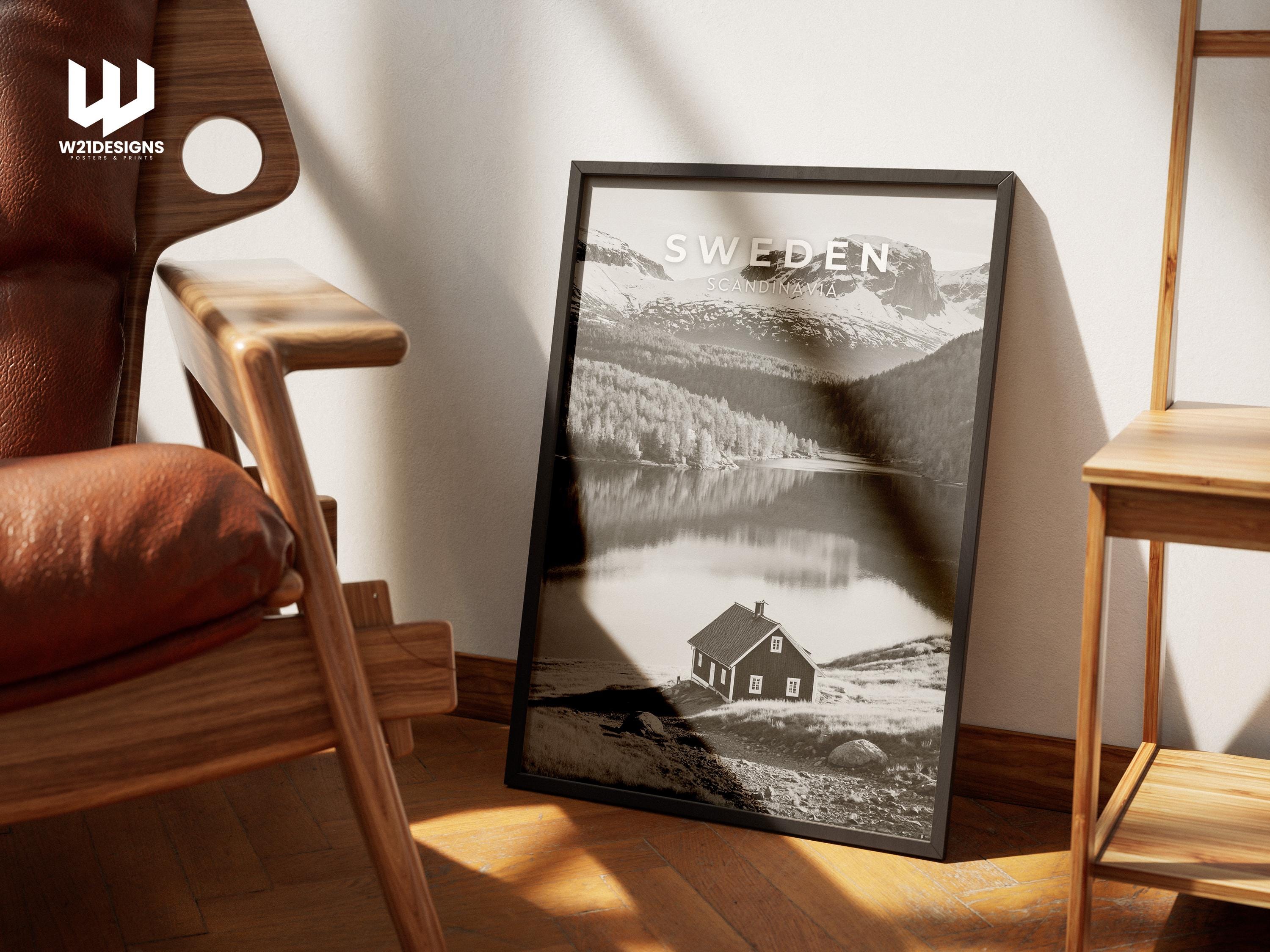 Sweden Mountain Print: Scandinavian Cabin, Nordic Landscape Art