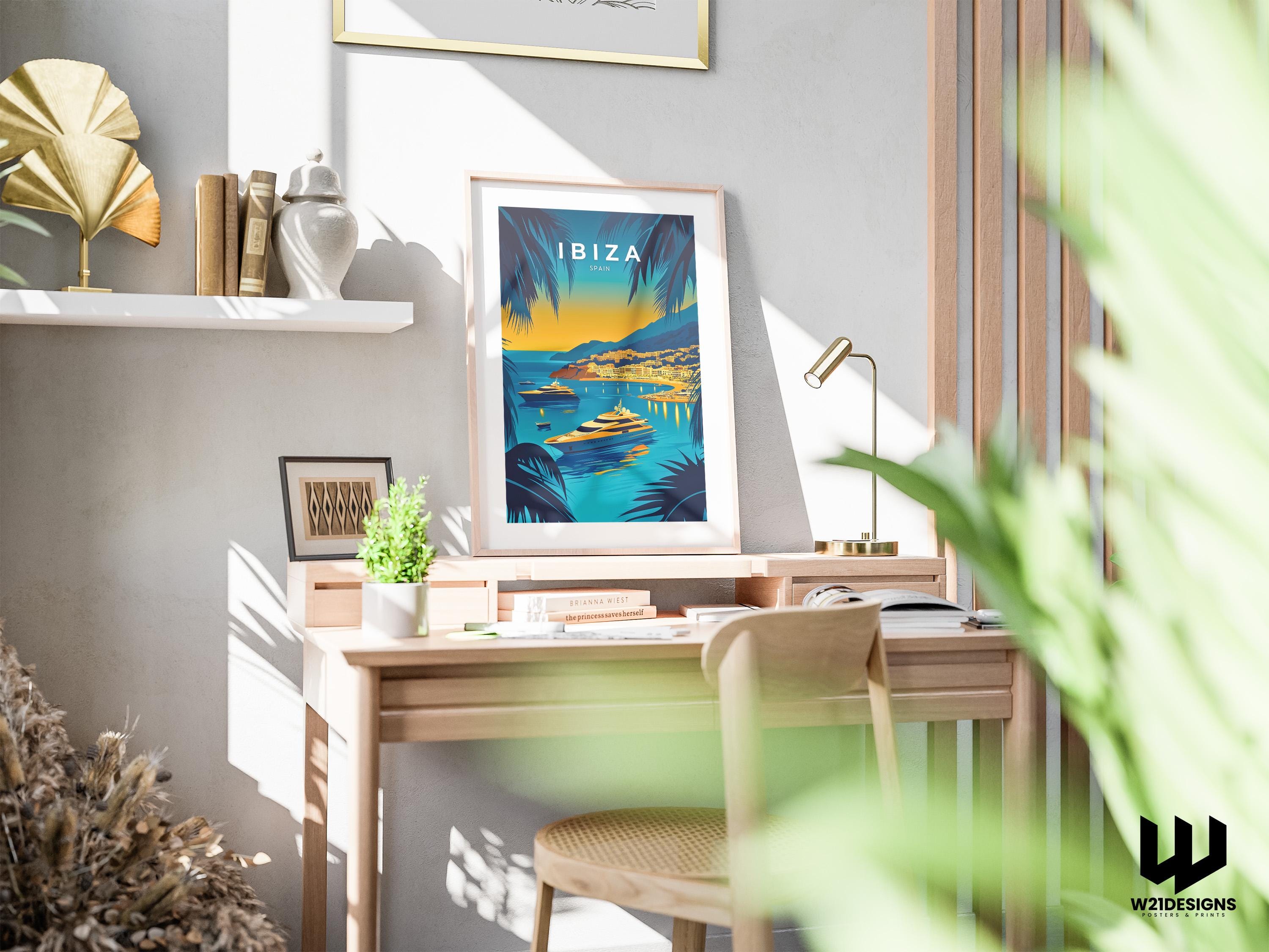 Ibiza Sunset Travel Print: Mediterranean Yacht Scene, Spain Wall Art