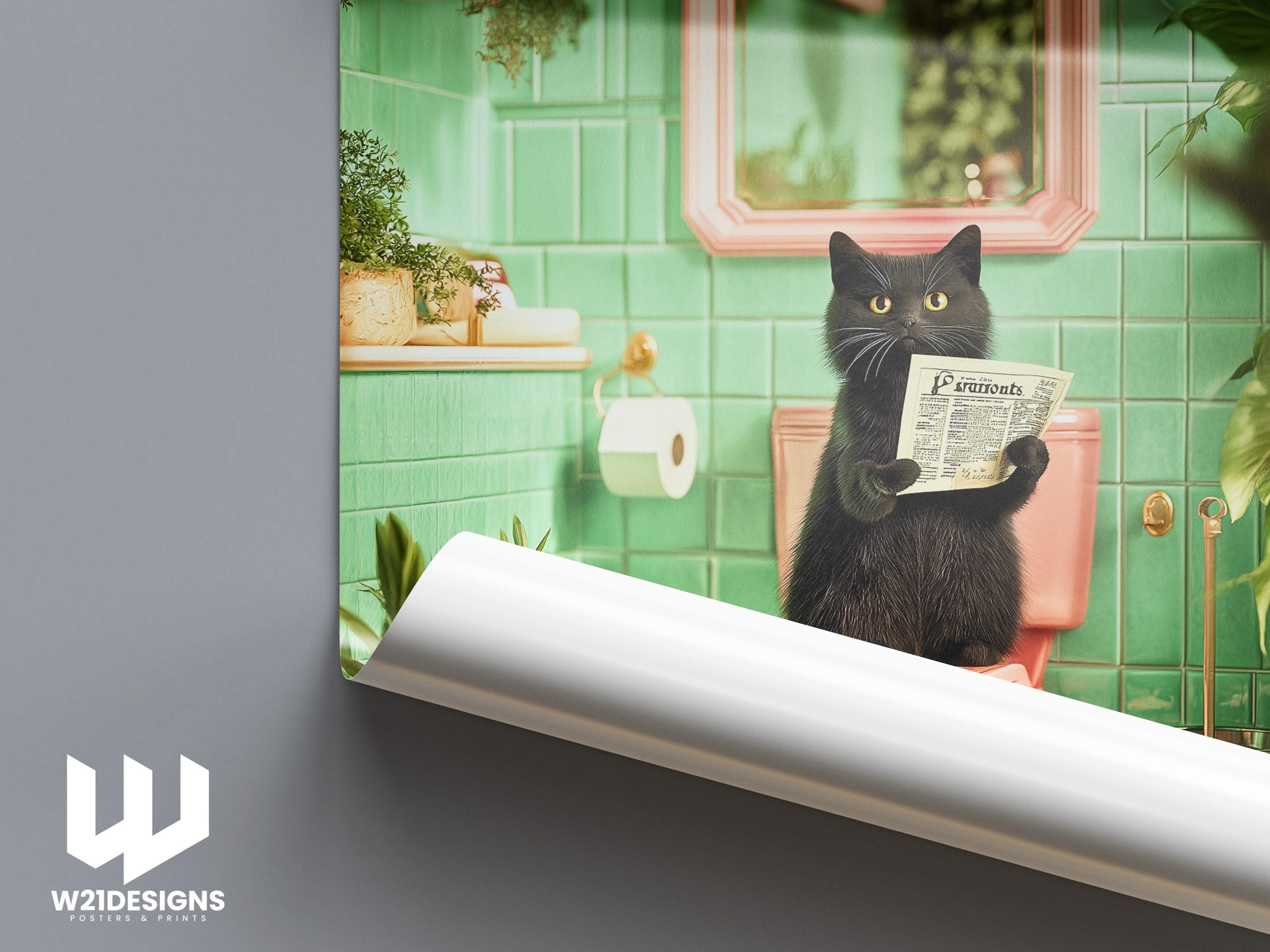 Funny Black Cat Bathroom Print: Quirky Toilet Humor Wall Art