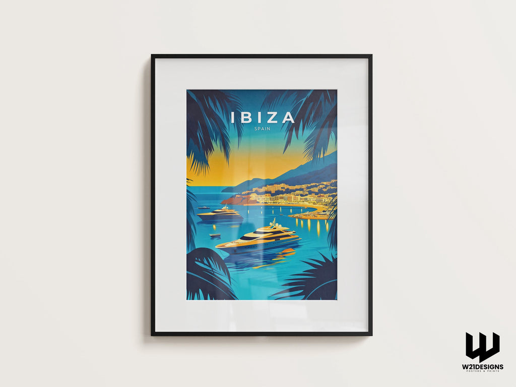 Ibiza Sunset Travel Print: Mediterranean Yacht Scene, Spain Wall Art