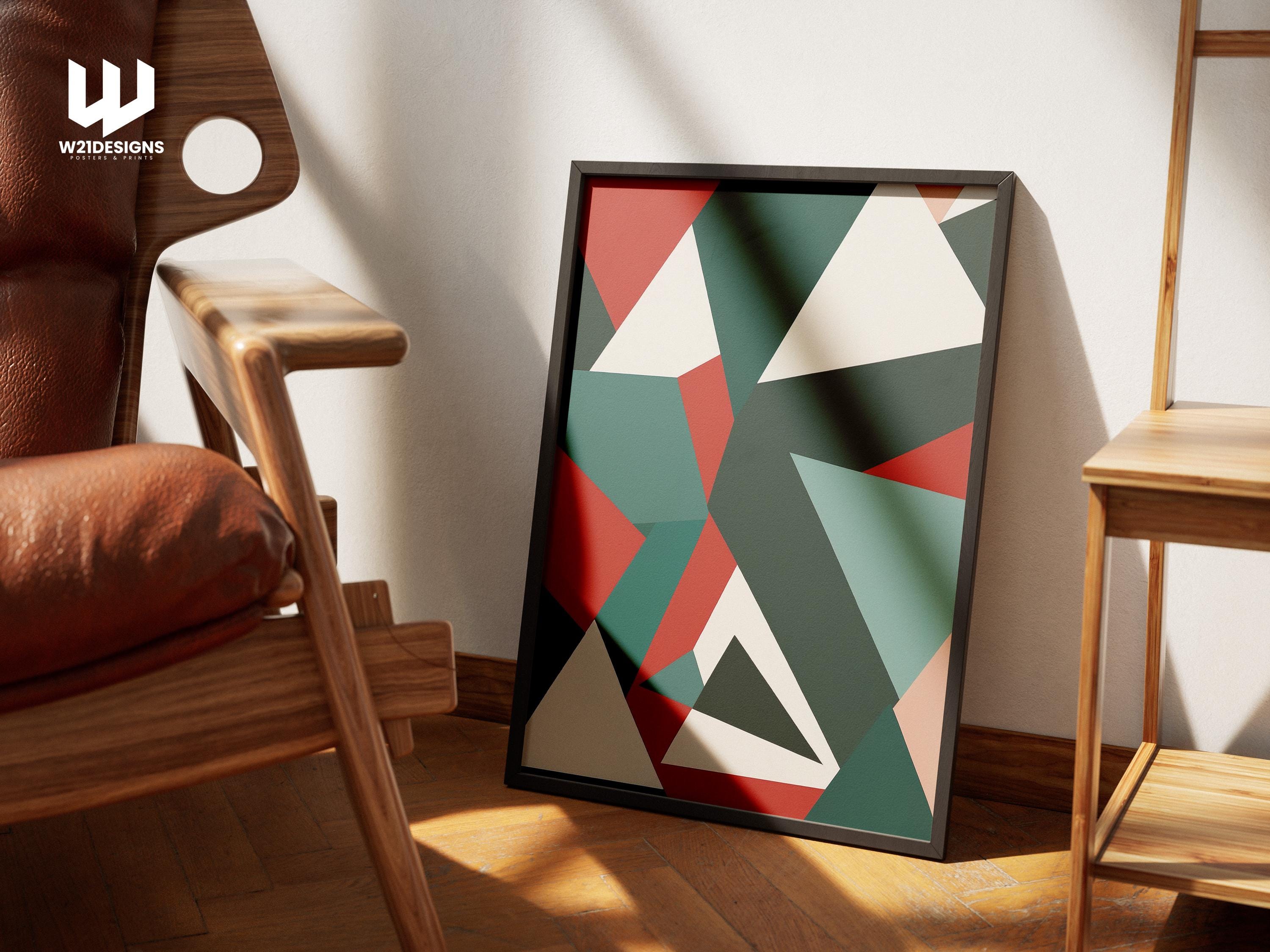 Geometric Triangle Art Print: Modern Red, Teal, Green Poster