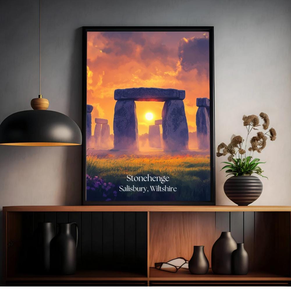 Stonehenge Travel Poster – Mystical Sunrise Wall Art | Salisbury, Wiltshire | Artistic Landscape Print
