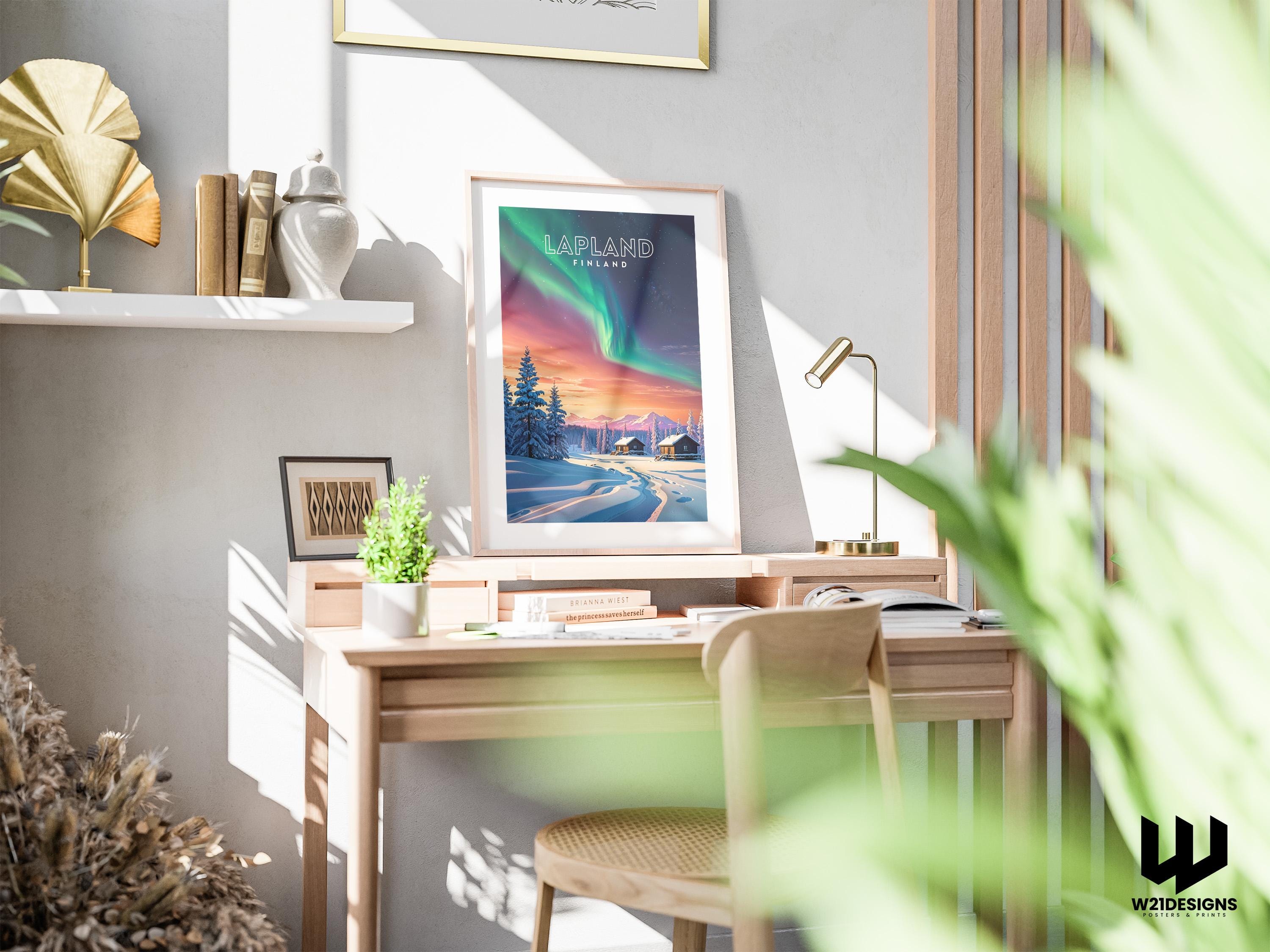 Lapland Northern Lights Poster: Finland Winter Cabin Art Print