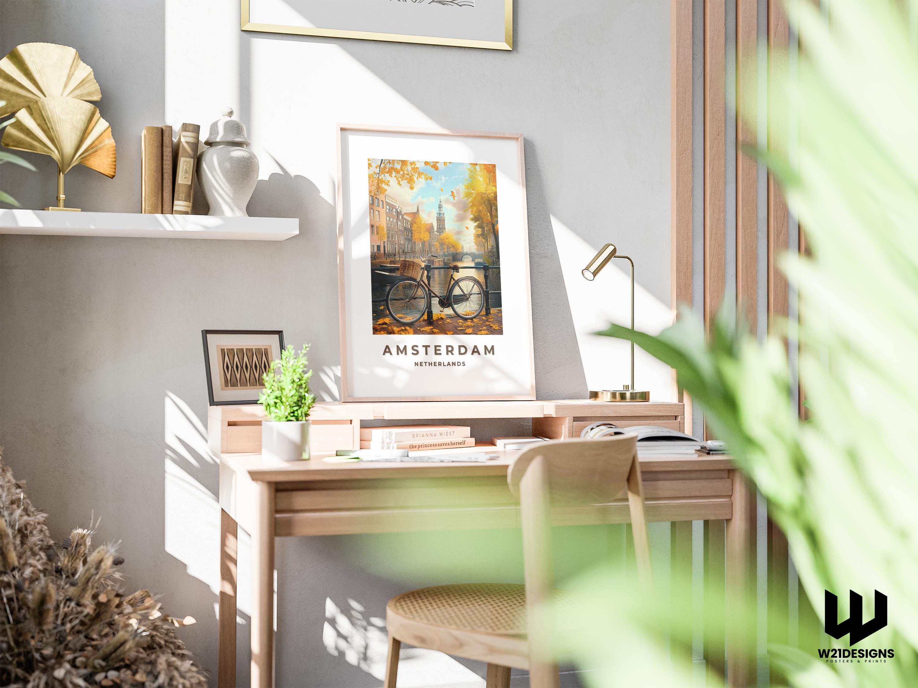 Amsterdam Canal Print: Dutch Architecture, Bicycle Art (Custom Text)