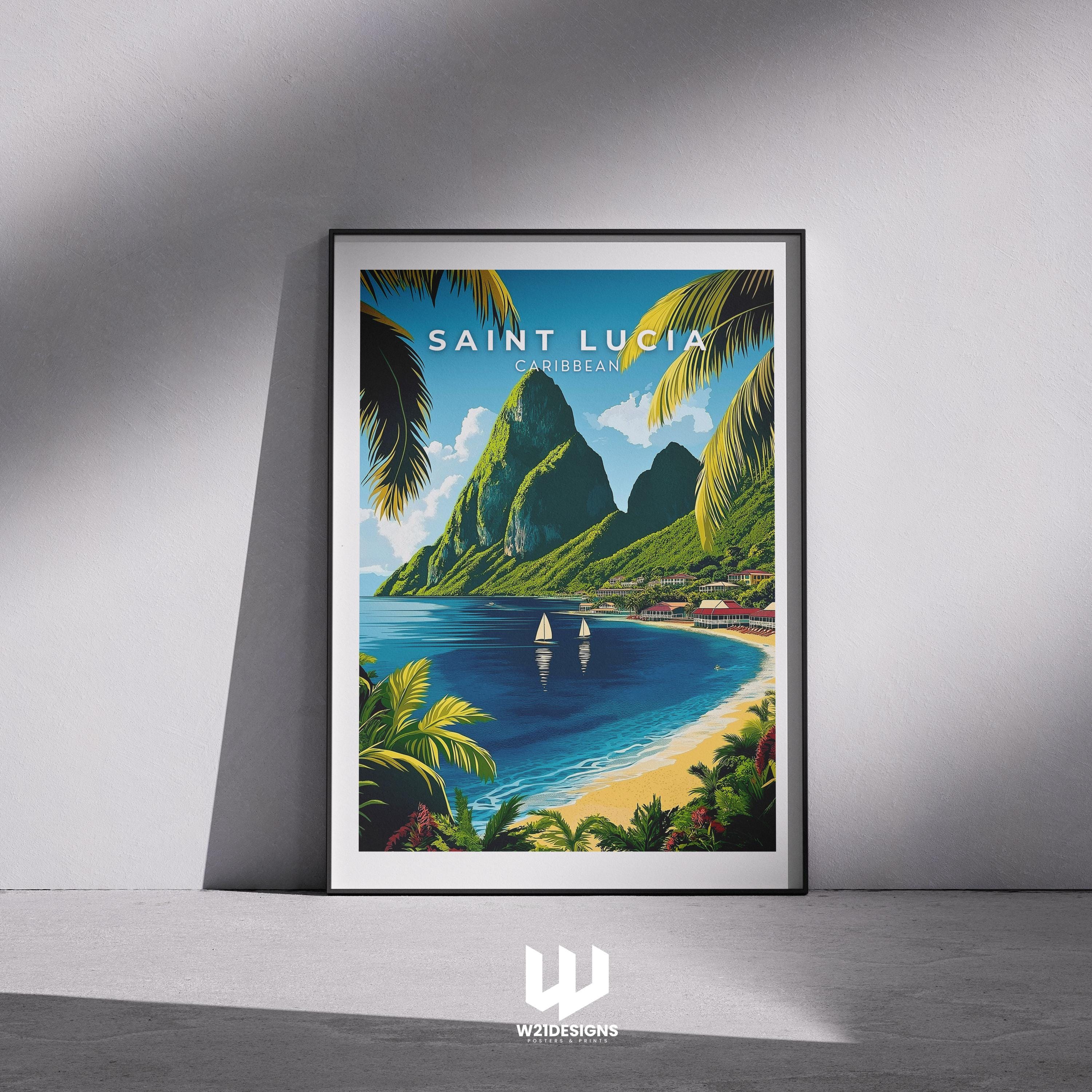 Saint Lucia Travel Poster: Caribbean Pitons Art Print