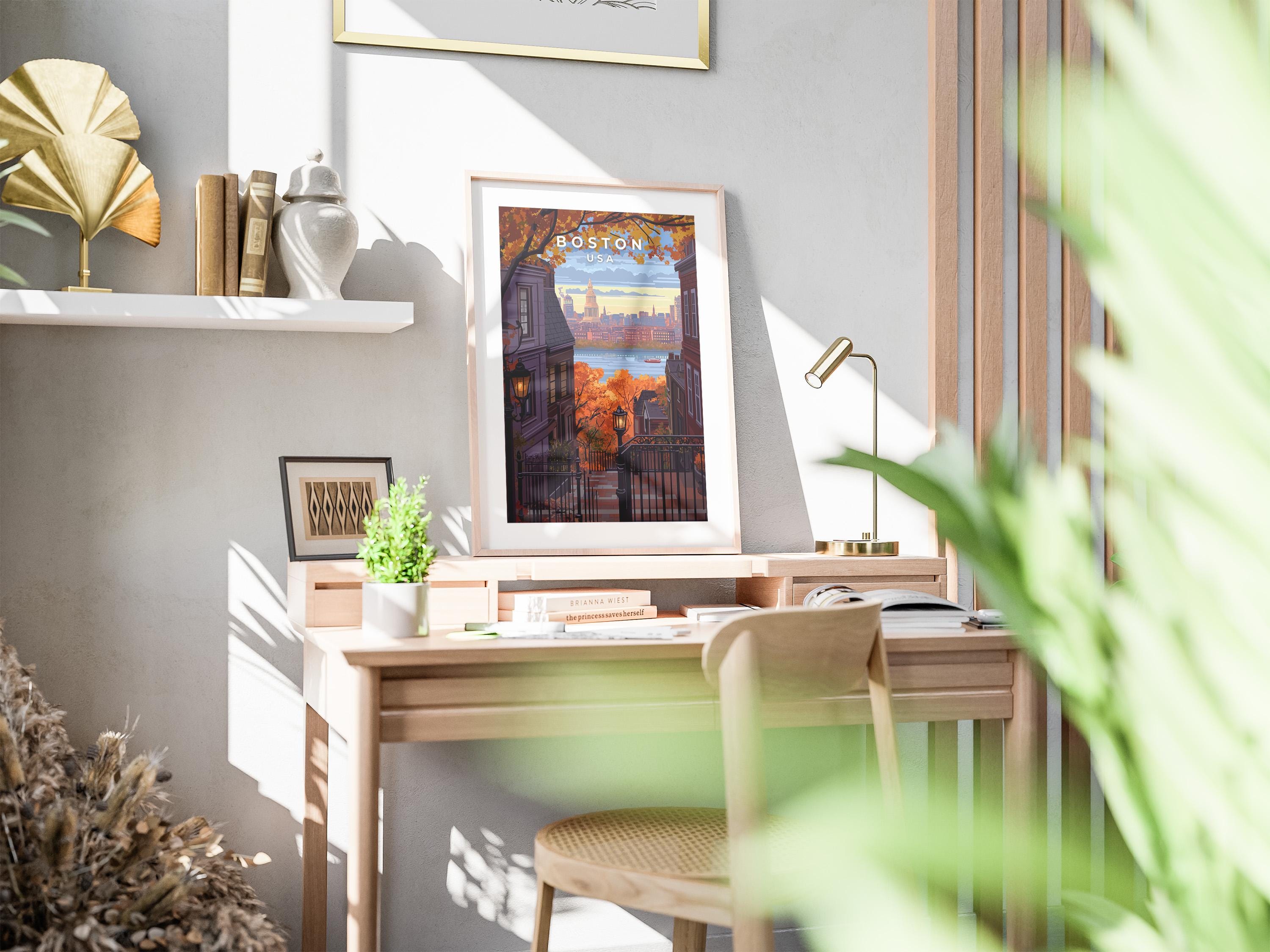 Boston Travel Poster: Vintage Beacon Hill Skyline Art Print