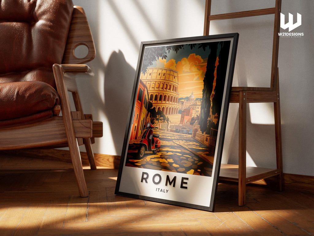 Rome Travel Print: Vintage Colosseum & Vespa Illustration
