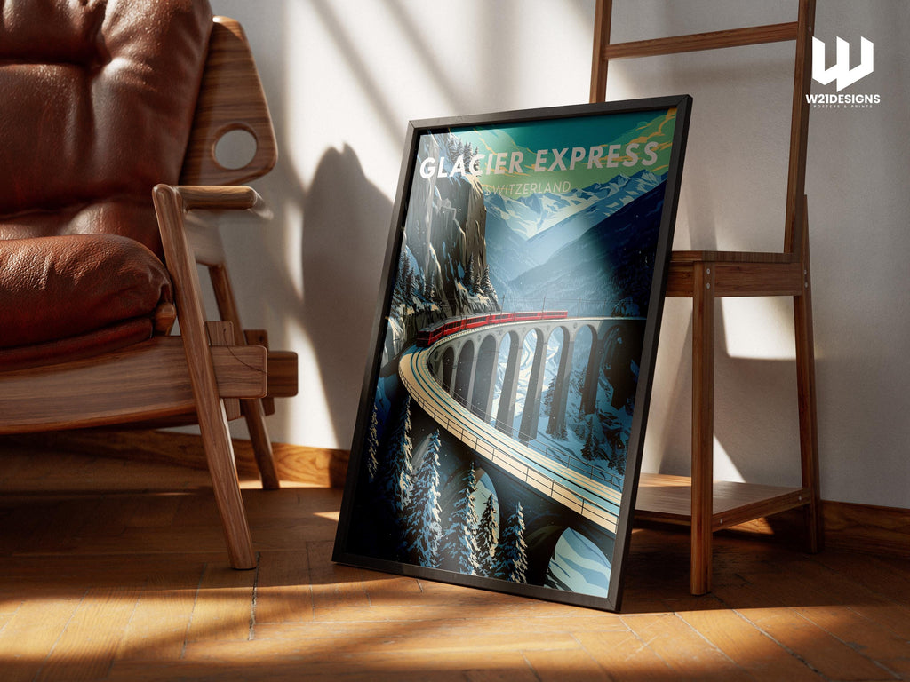 Vintage Glacier Express Poster: Swiss Alps Winter Train Travel Art