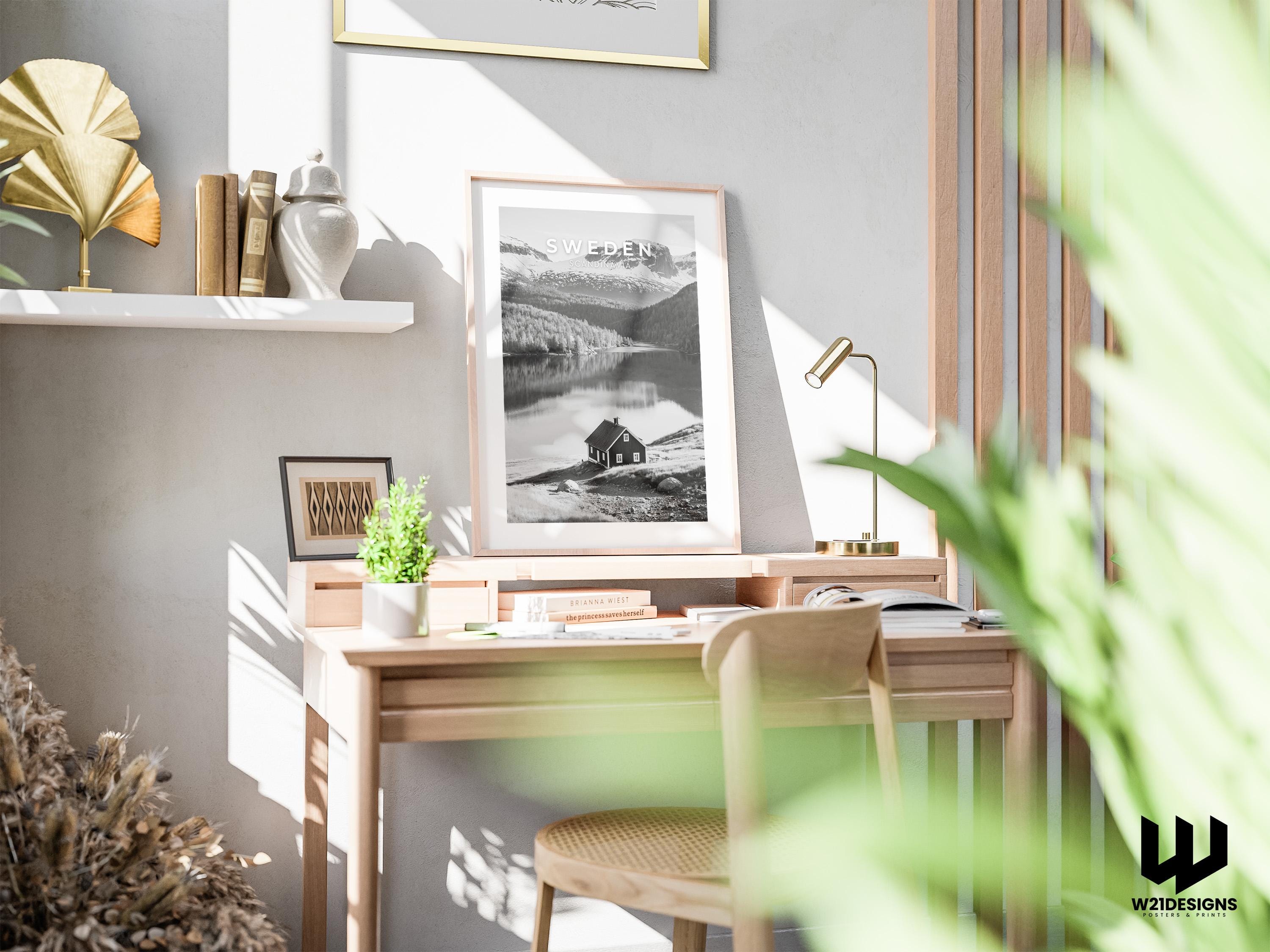 Sweden Mountain Print: Scandinavian Cabin, Nordic Landscape Art