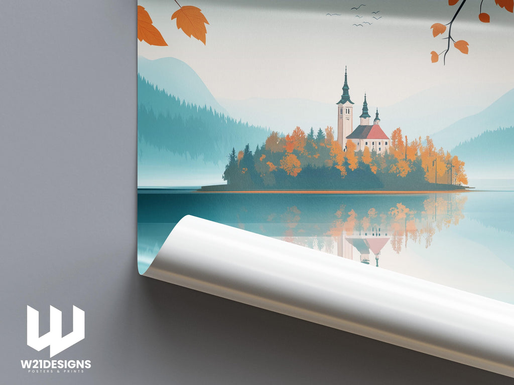Lake Bled Print: Slovenia Travel Poster, Alpine Landscape Art