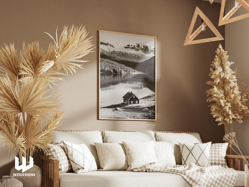 Sweden Mountain Print: Scandinavian Cabin, Nordic Landscape Art