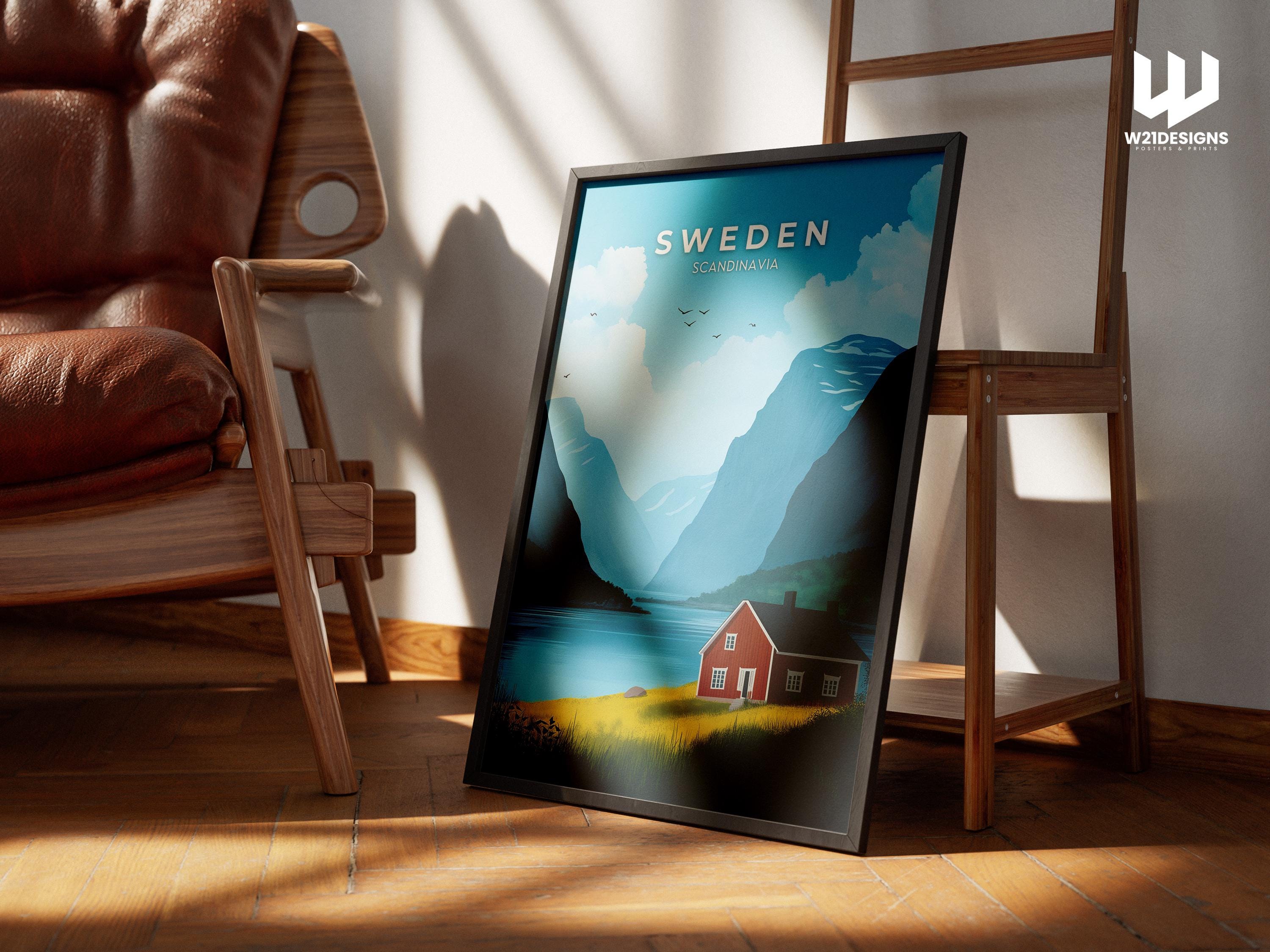 Sweden Travel Poster: Red Cabin, Nordic Mountain Landscape