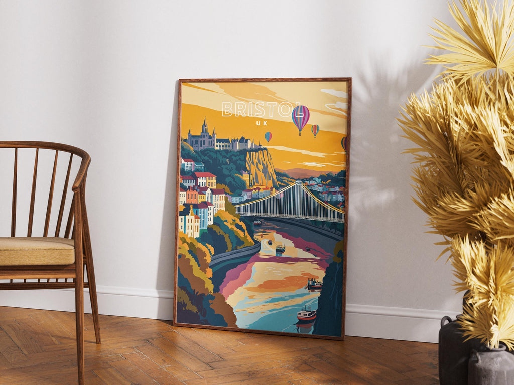 Bristol Travel Poster: Clifton Suspension Bridge & Hot Air Balloons
