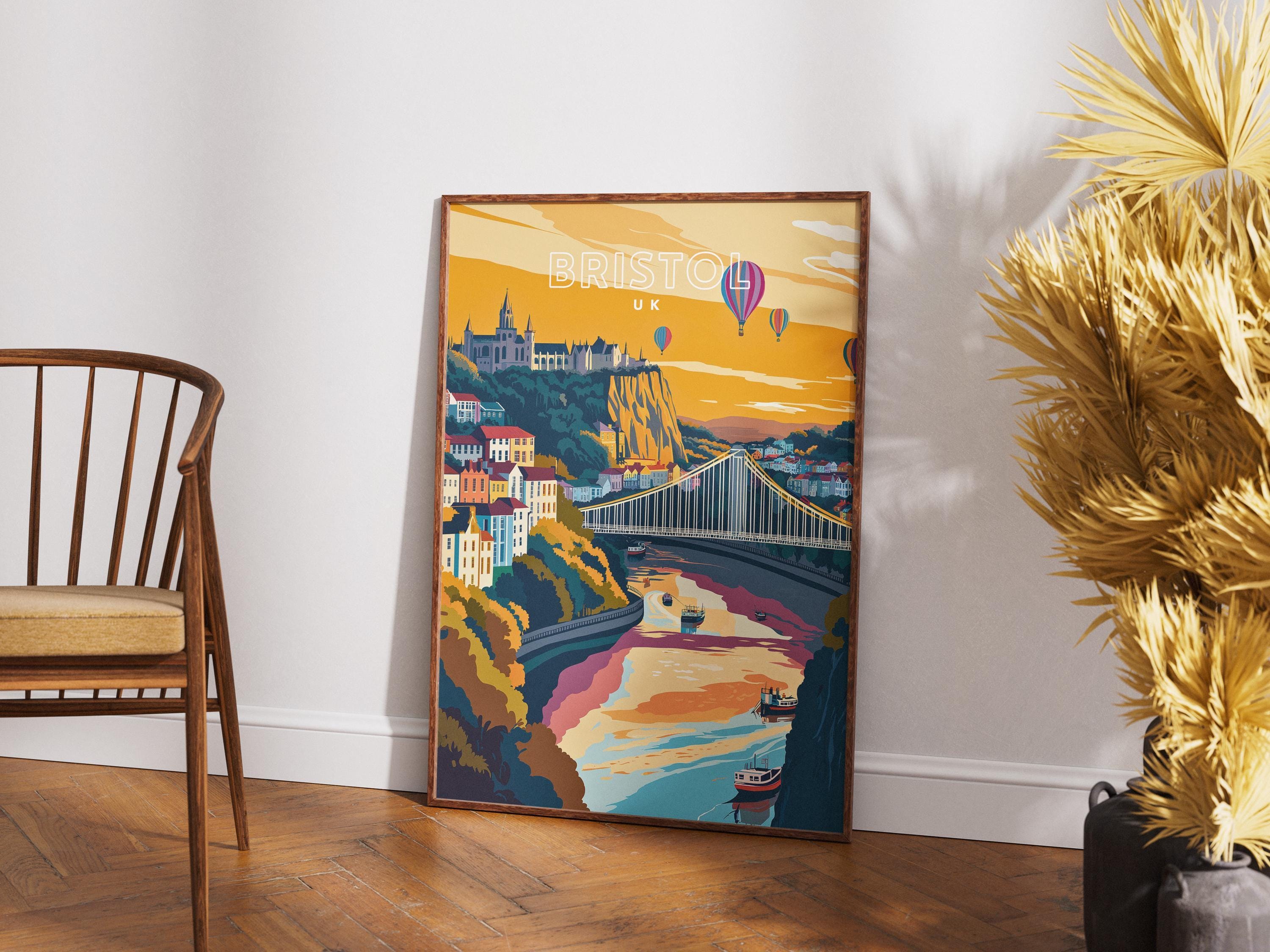 Bristol Travel Poster: Clifton Suspension Bridge & Hot Air Balloons