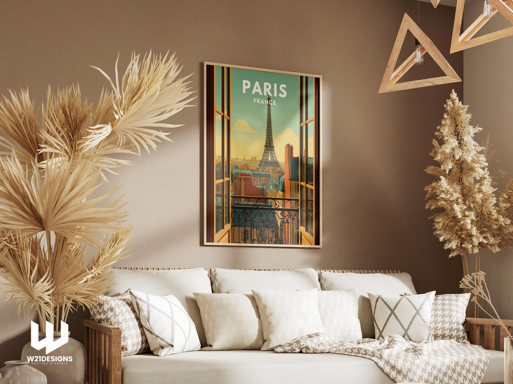 Eiffel Tower Print: Vintage Paris Balcony View Travel Poster