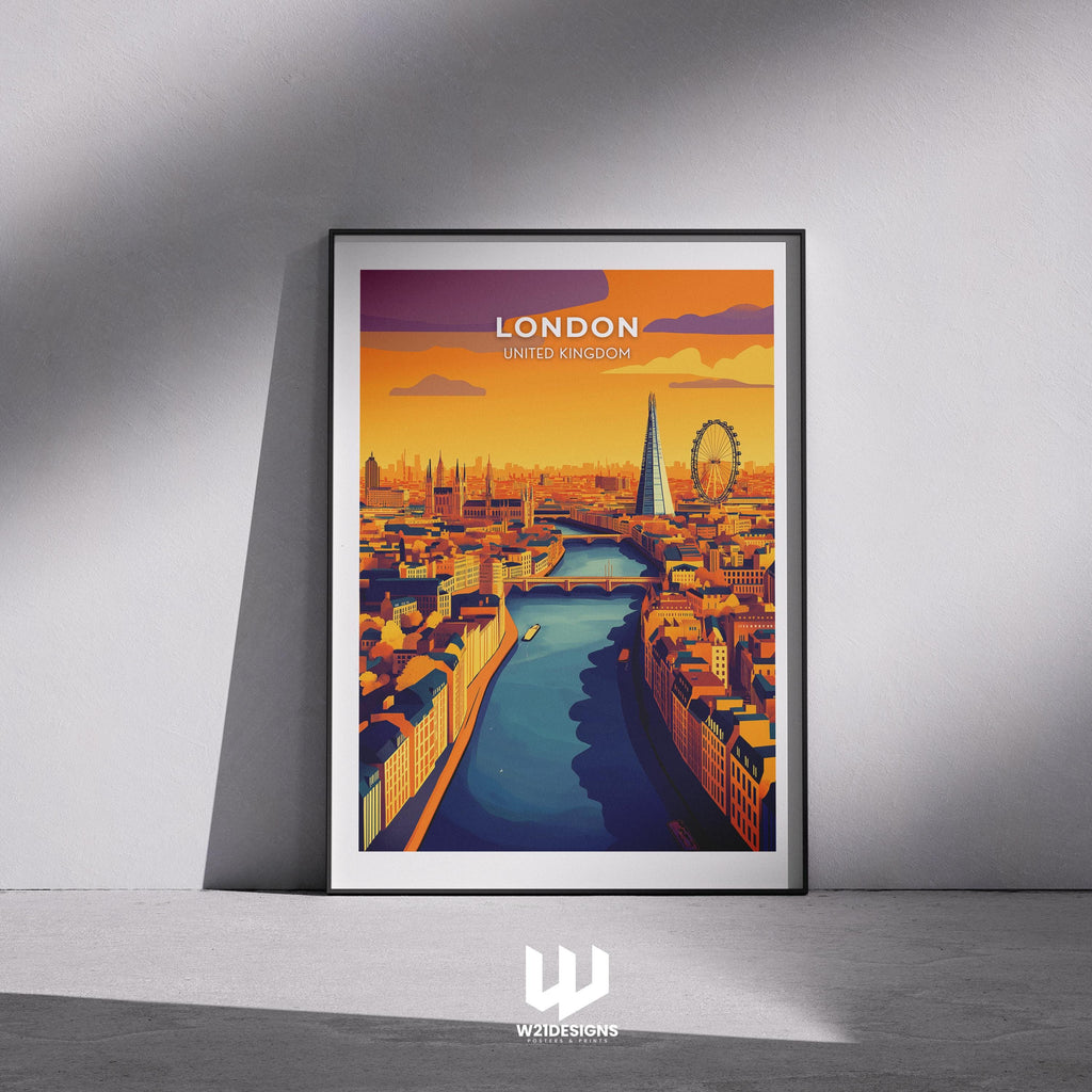 London Travel Poster: Aerial Cityscape Art Print, River Thames & UK Landmarks