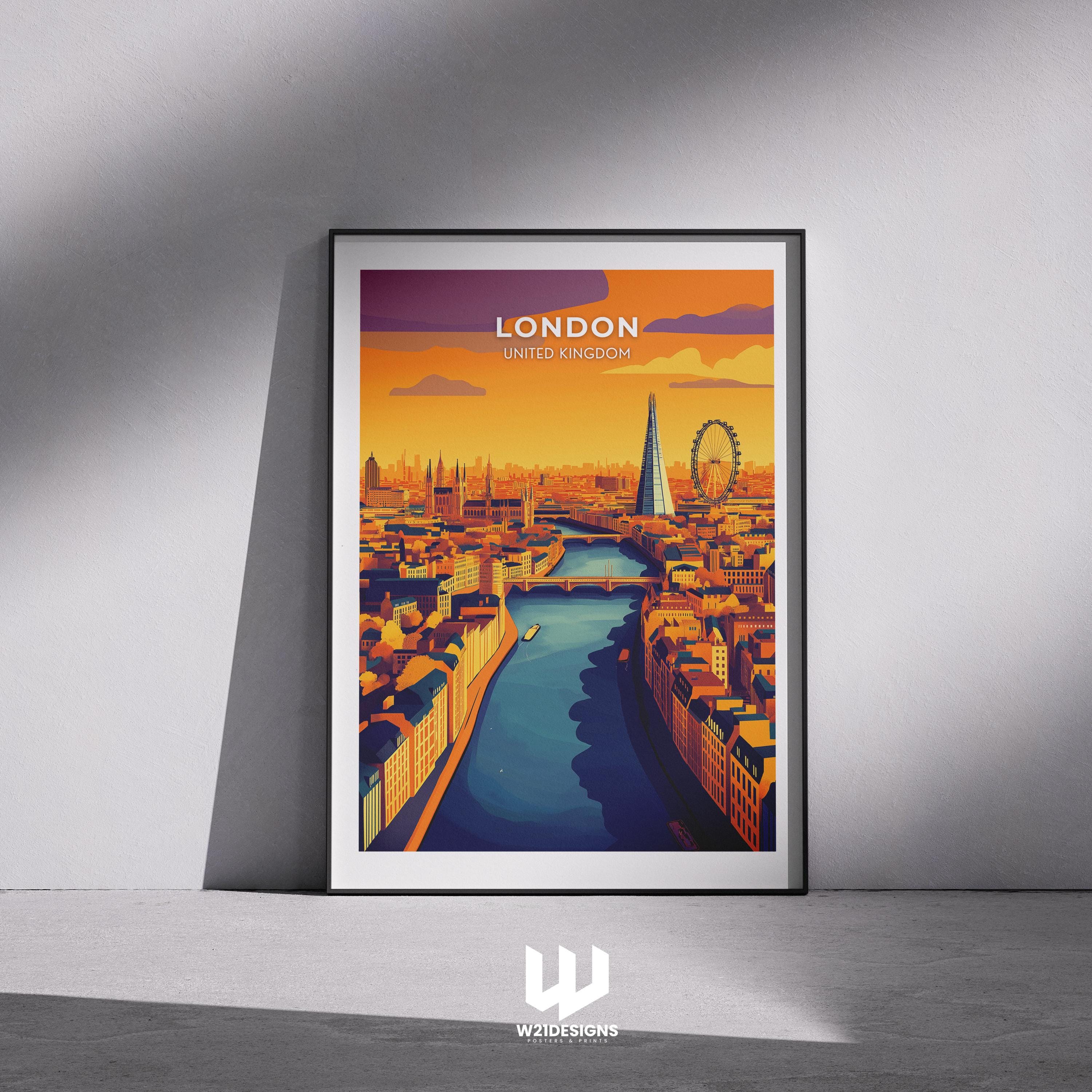 London Travel Poster: Aerial Cityscape Art Print, River Thames & UK Landmarks