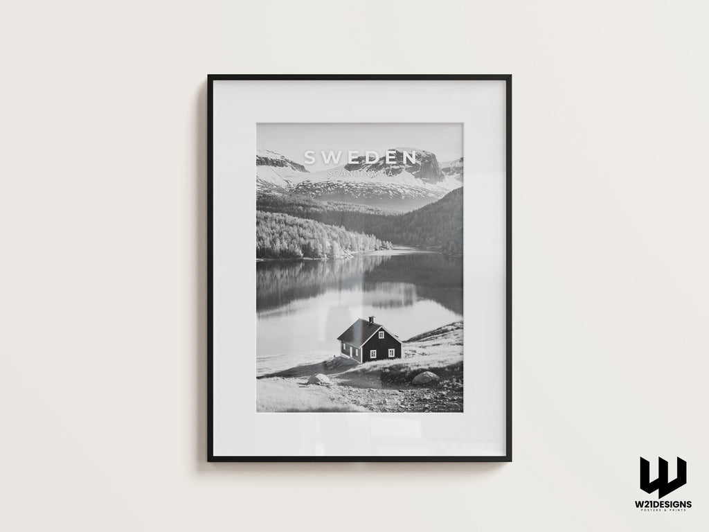 Sweden Mountain Print: Scandinavian Cabin, Nordic Landscape Art