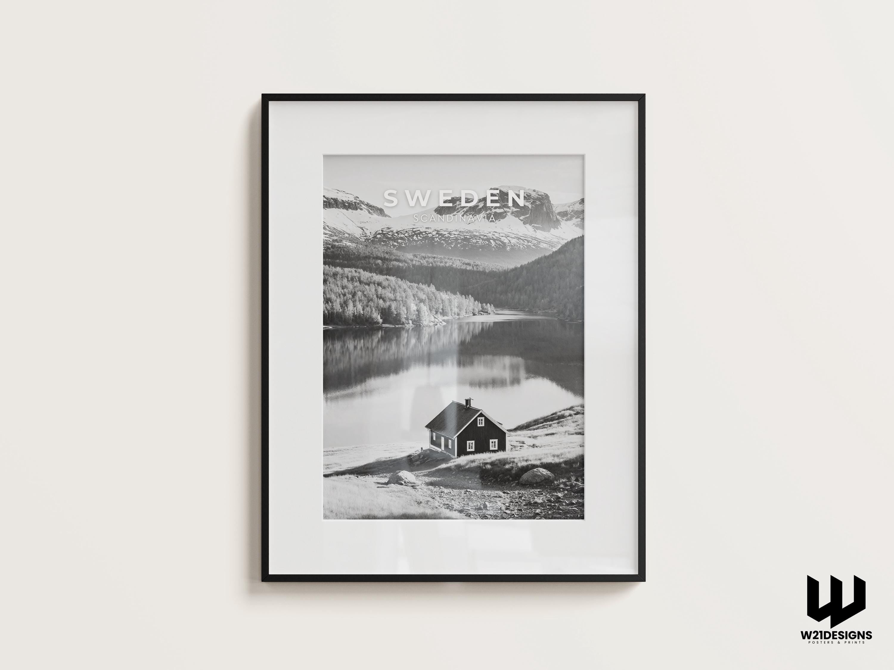 Sweden Mountain Print: Scandinavian Cabin, Nordic Landscape Art