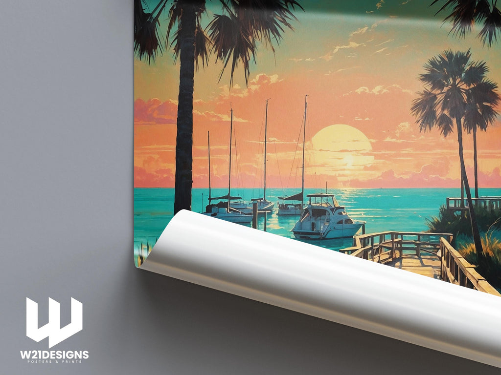 Sarasota Sunset Travel Poster: Florida Beach House Decor
